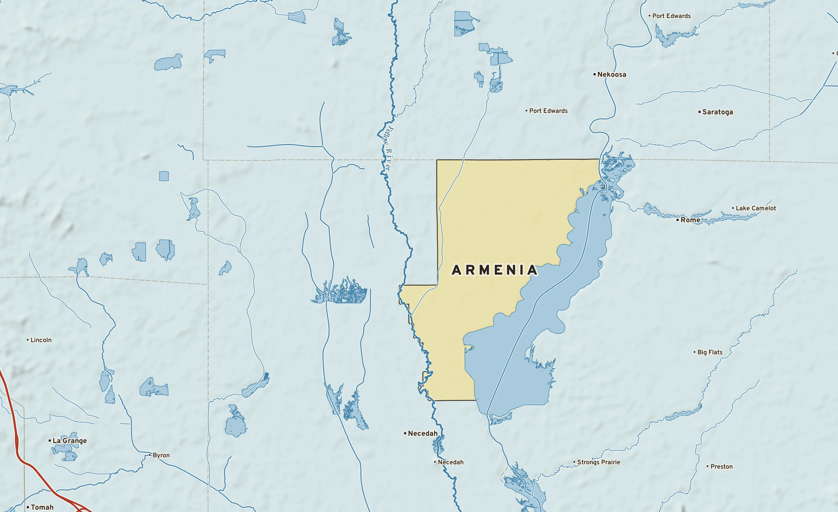 Shaded-relief atlas plate of Armenia, Wisconsin: rivers, roads, the city limits and where the water drains.