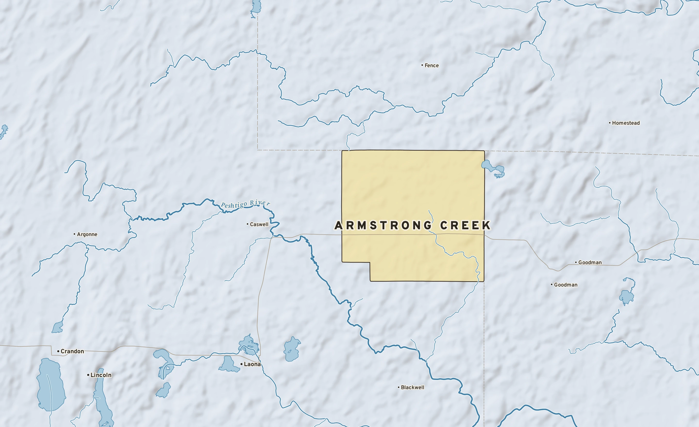 Shaded-relief atlas plate of Armstrong Creek, Wisconsin: rivers, roads, the city limits and where the water drains.