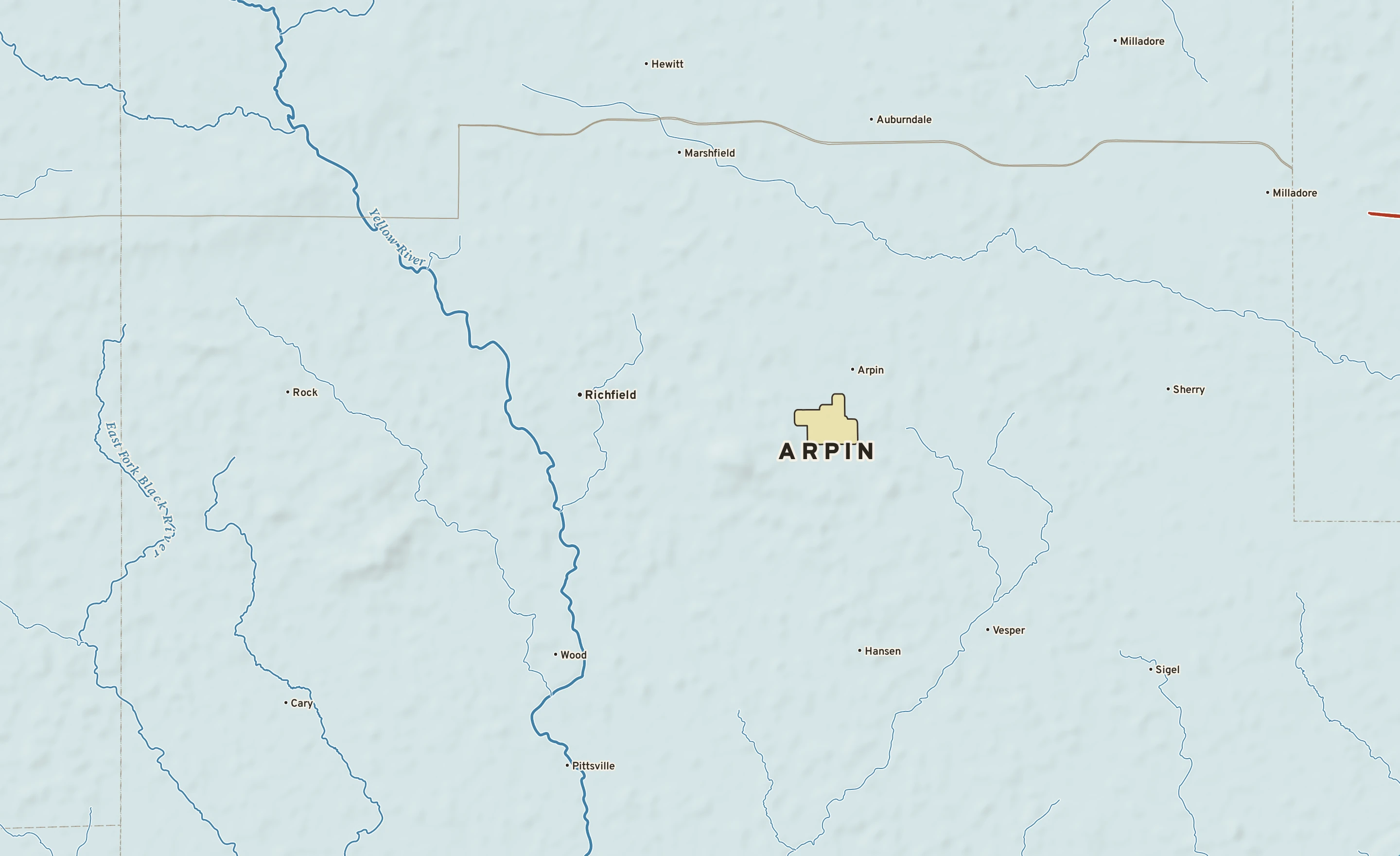 Shaded-relief atlas plate of Arpin, Wisconsin: rivers, roads, the city limits and where the water drains.