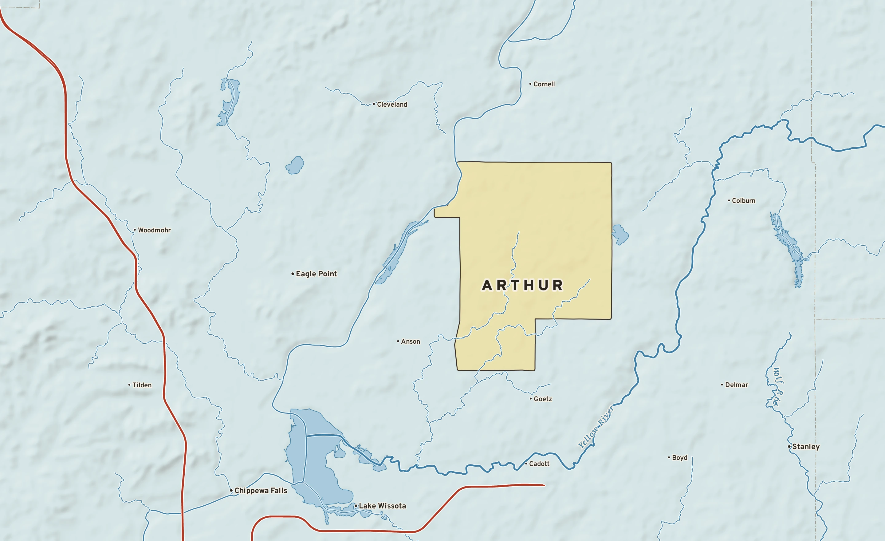 Shaded-relief atlas plate of Arthur, Wisconsin: rivers, roads, the city limits and where the water drains.