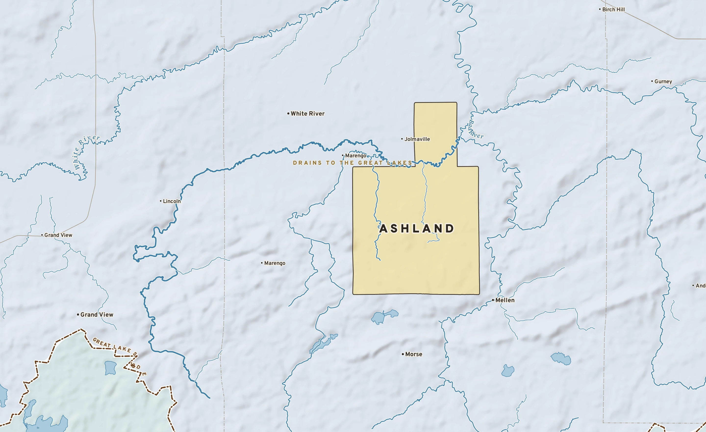 Shaded-relief atlas plate of Ashland, Wisconsin: rivers, roads, the city limits and where the water drains.
