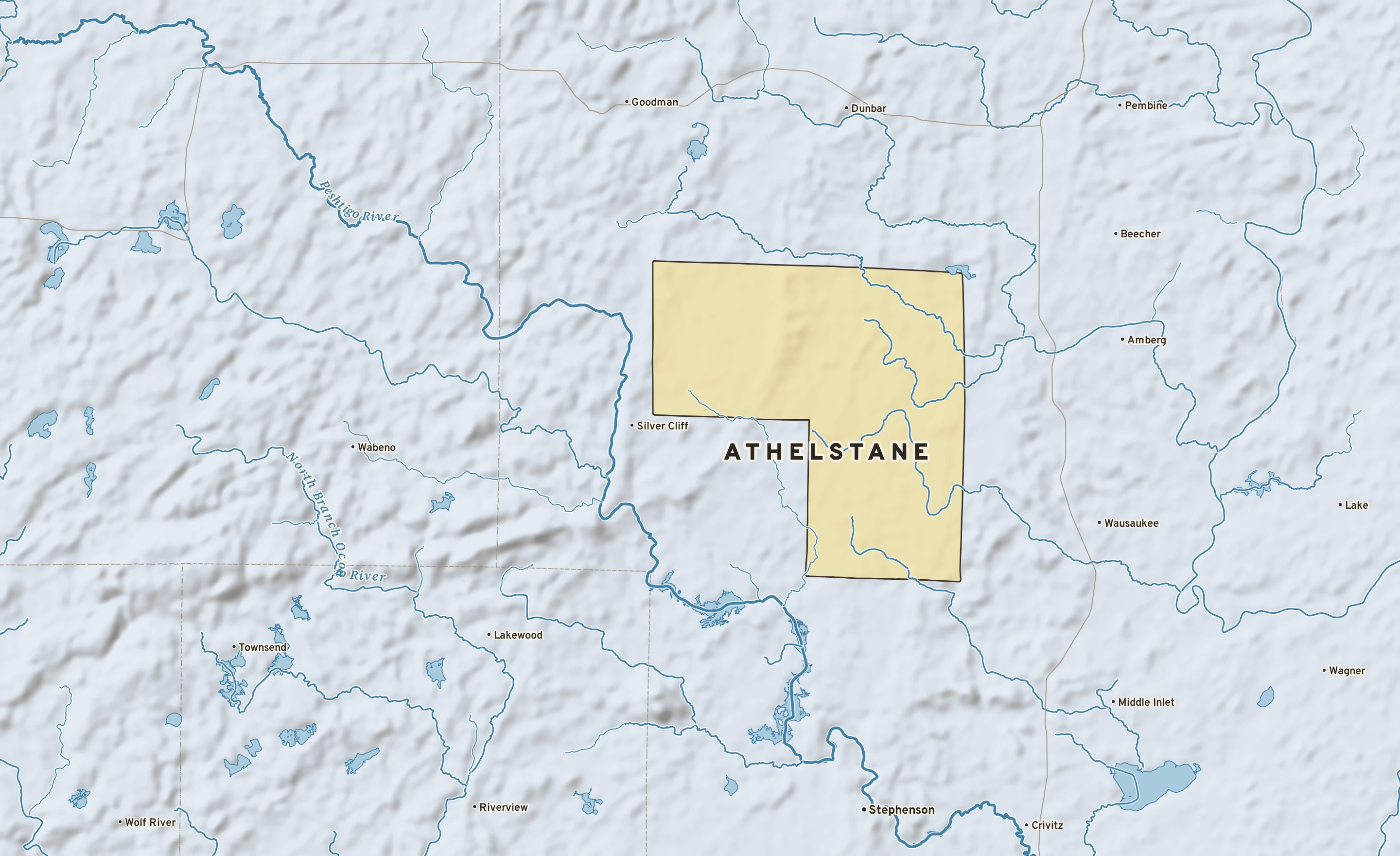 Shaded-relief atlas plate of Athelstane, Wisconsin: rivers, roads, the city limits and where the water drains.