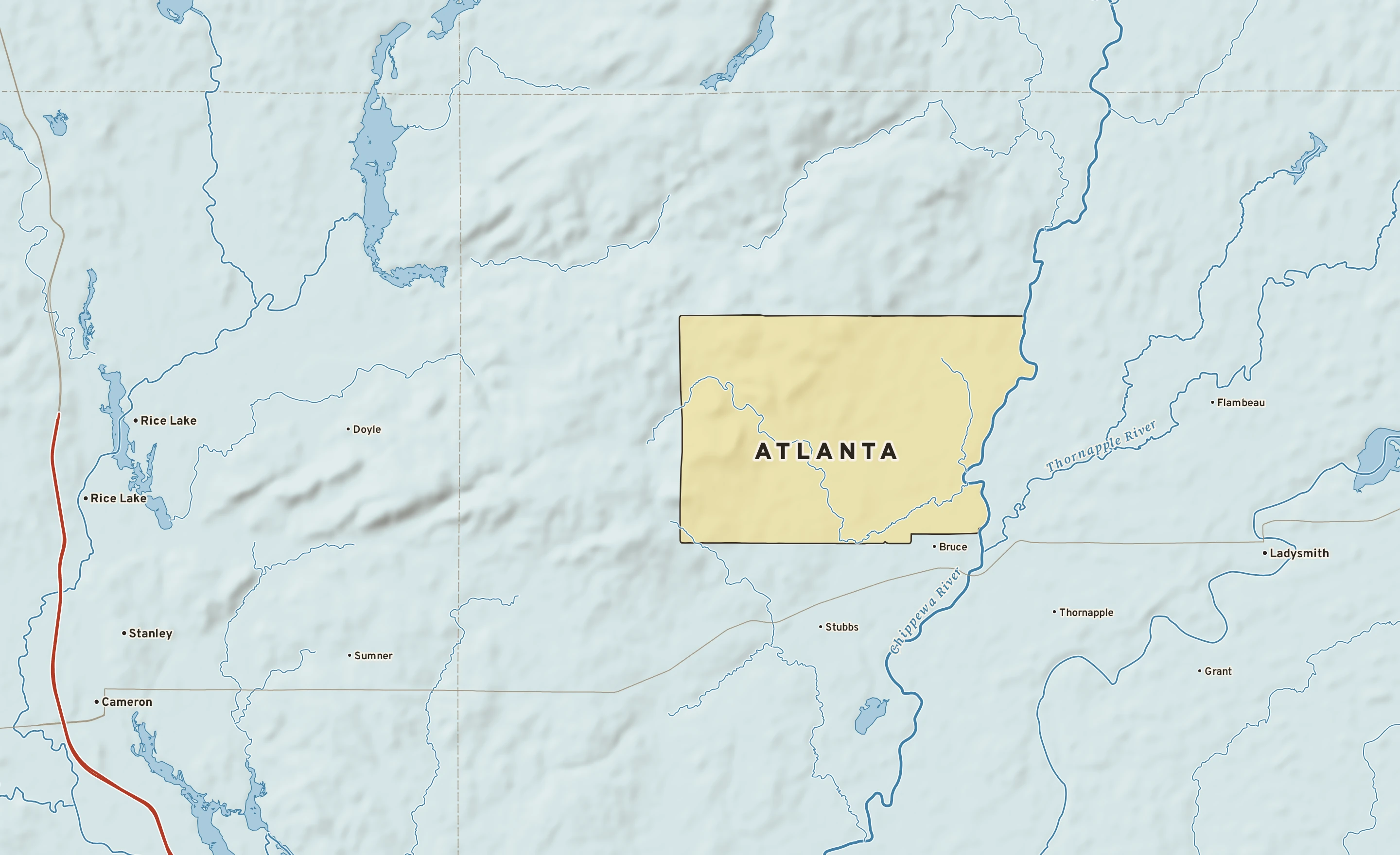 Shaded-relief atlas plate of Atlanta, Wisconsin: rivers, roads, the city limits and where the water drains.
