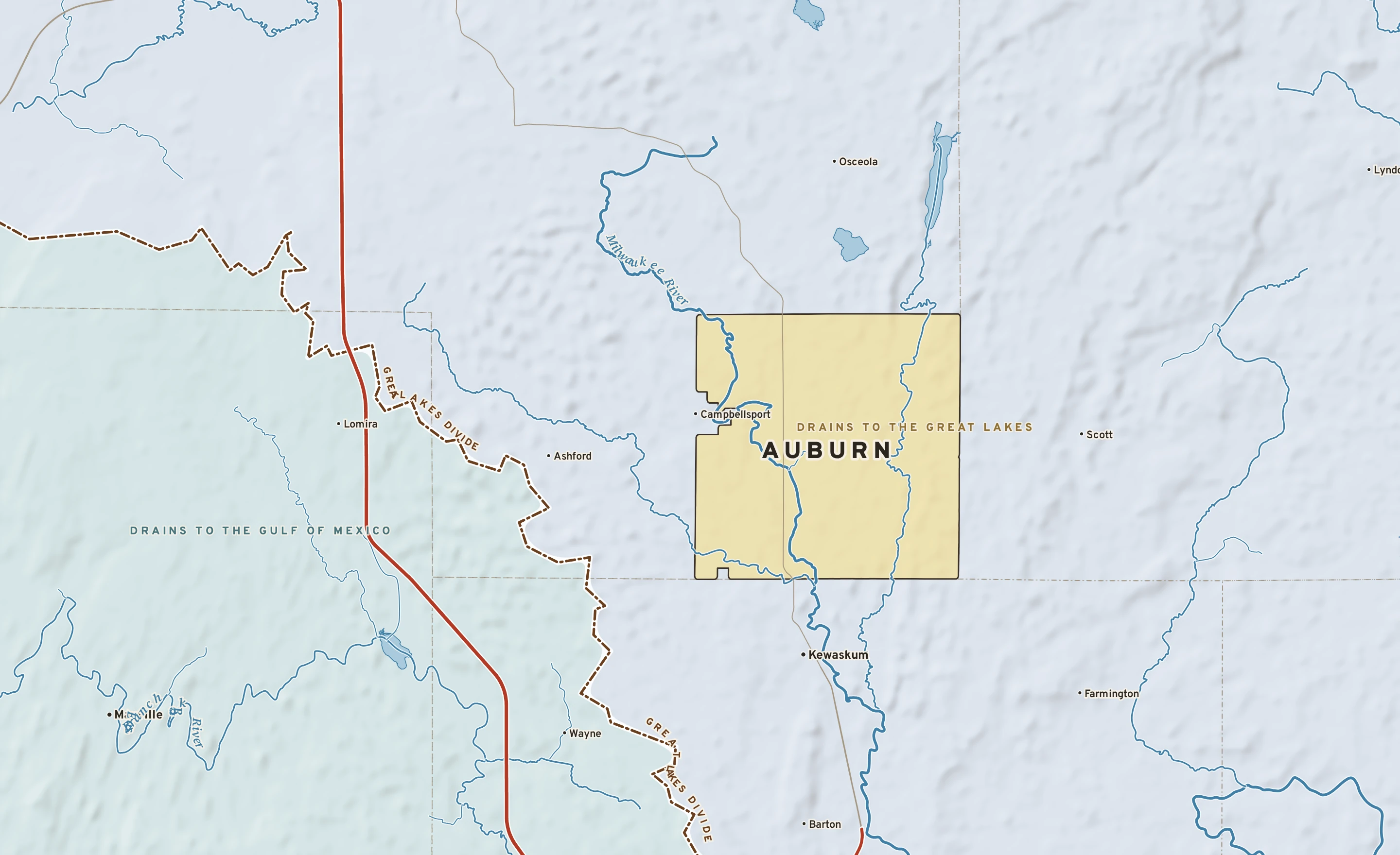 Shaded-relief atlas plate of Auburn, Wisconsin: rivers, roads, the city limits and where the water drains.