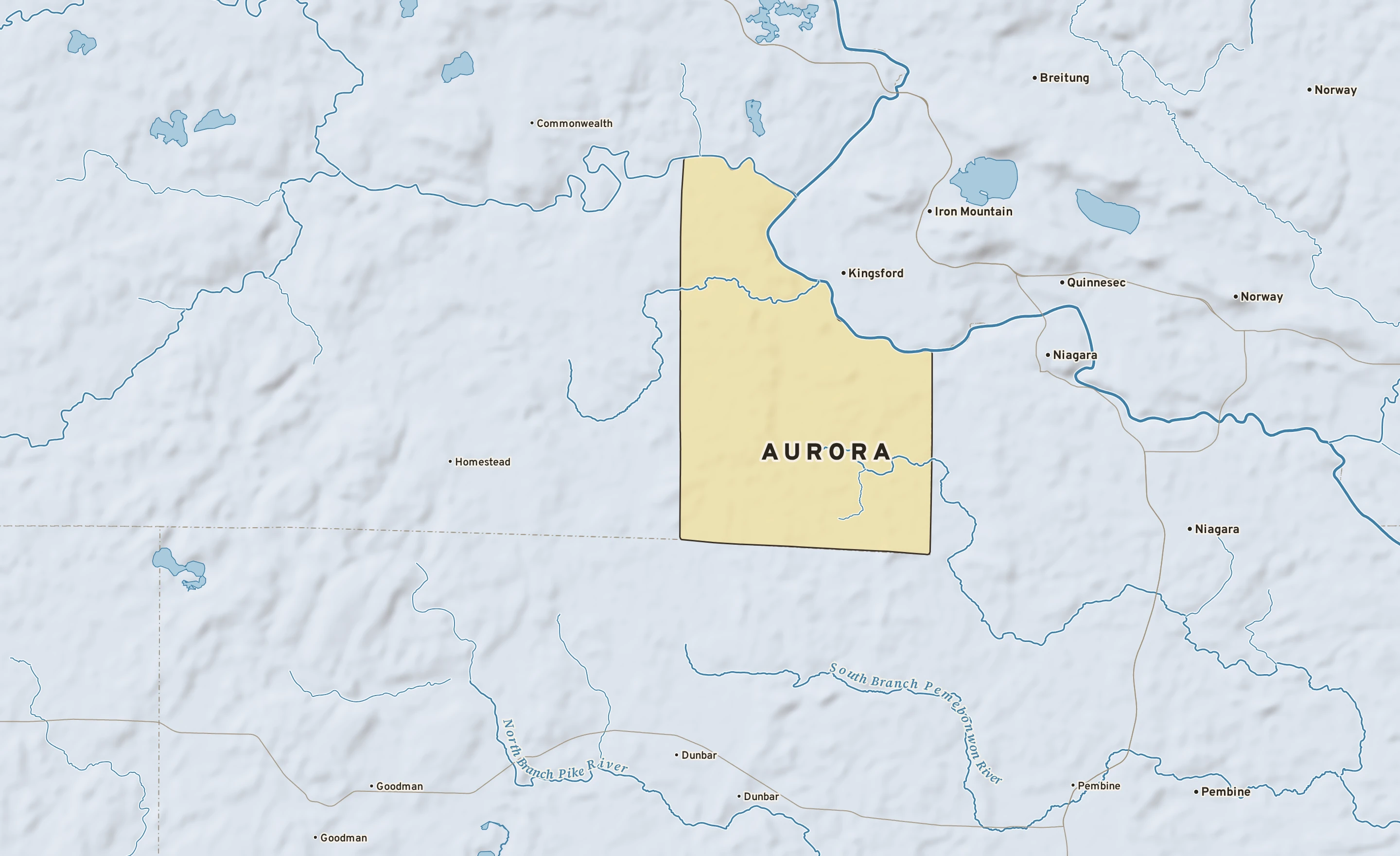 Shaded-relief atlas plate of Aurora, Wisconsin: rivers, roads, the city limits and where the water drains.