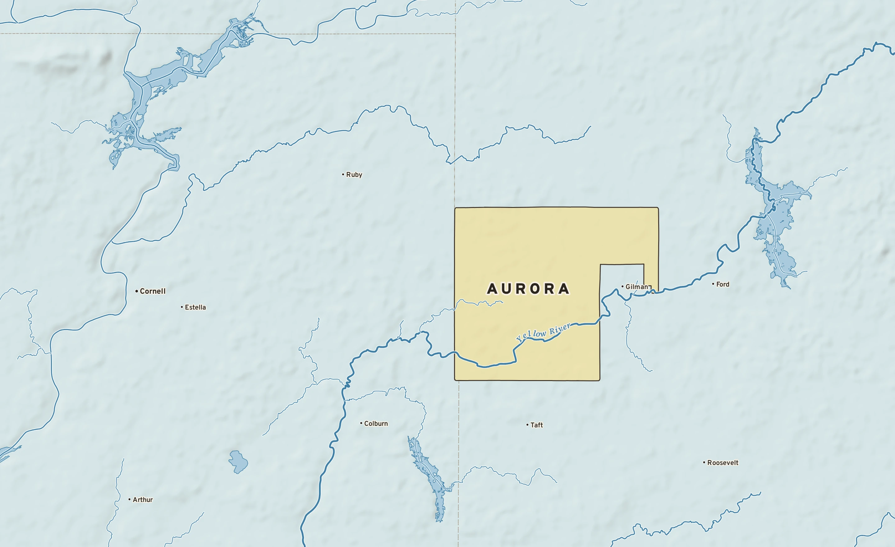 Shaded-relief atlas plate of Aurora, Wisconsin: rivers, roads, the city limits and where the water drains.
