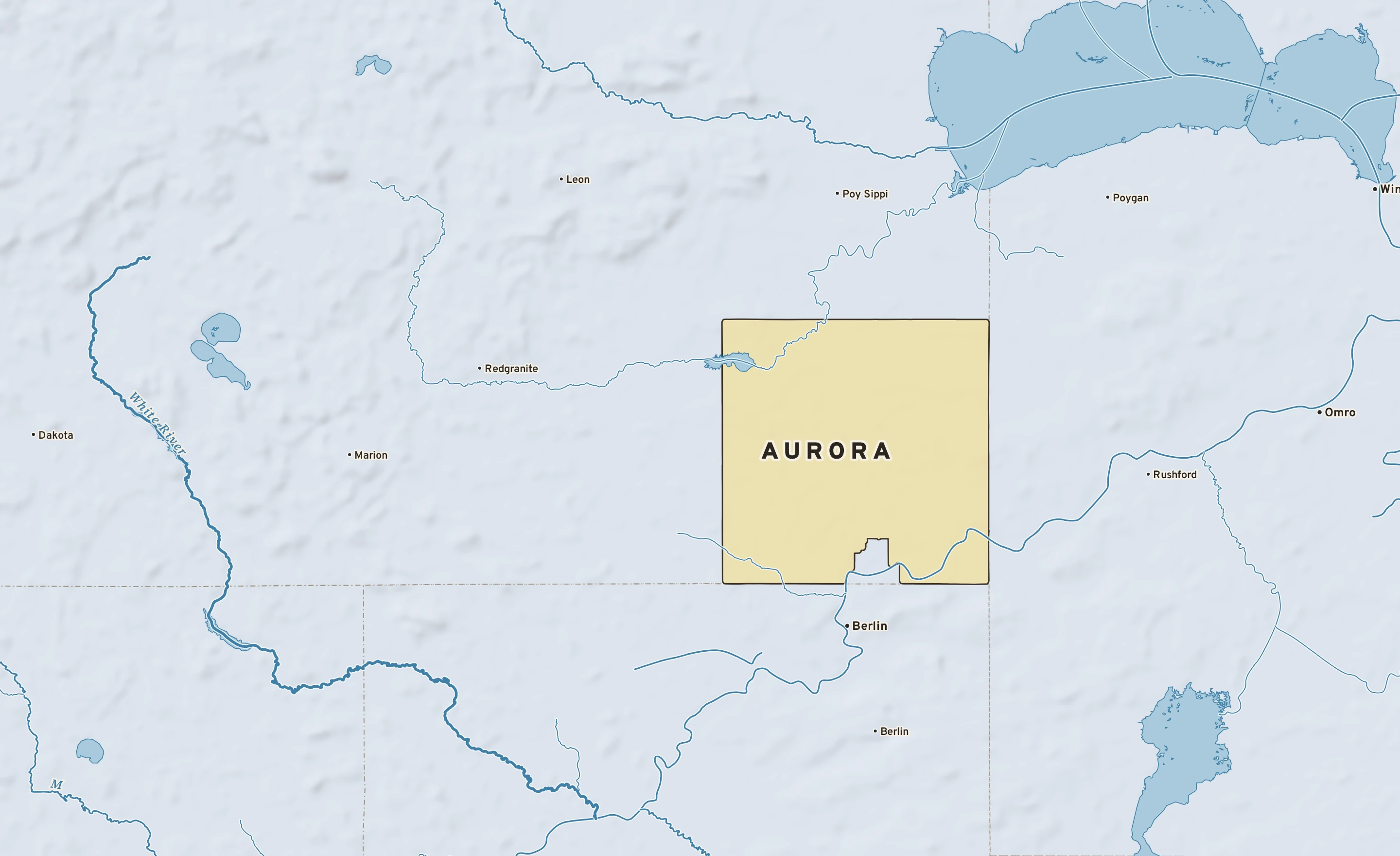 Shaded-relief atlas plate of Aurora, Wisconsin: rivers, roads, the city limits and where the water drains.