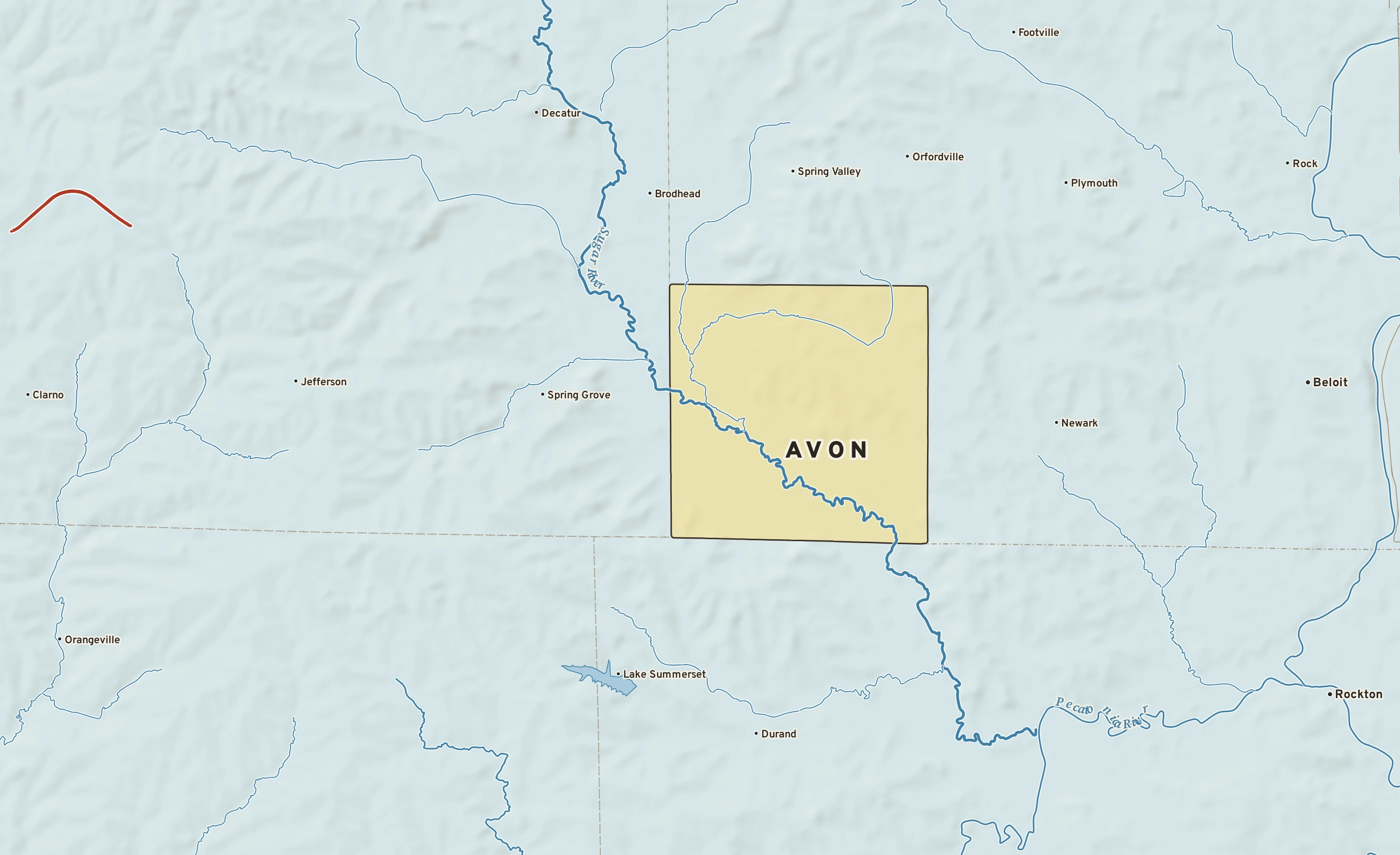 Shaded-relief atlas plate of Avon, Wisconsin: rivers, roads, the city limits and where the water drains.