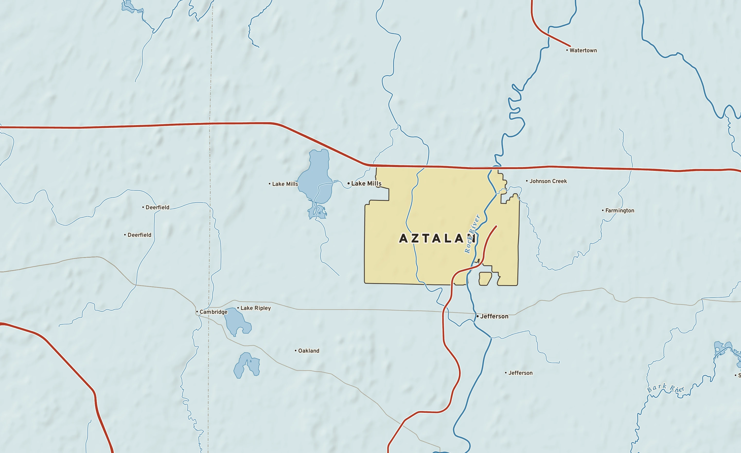 Shaded-relief atlas plate of Aztalan, Wisconsin: rivers, roads, the city limits and where the water drains.