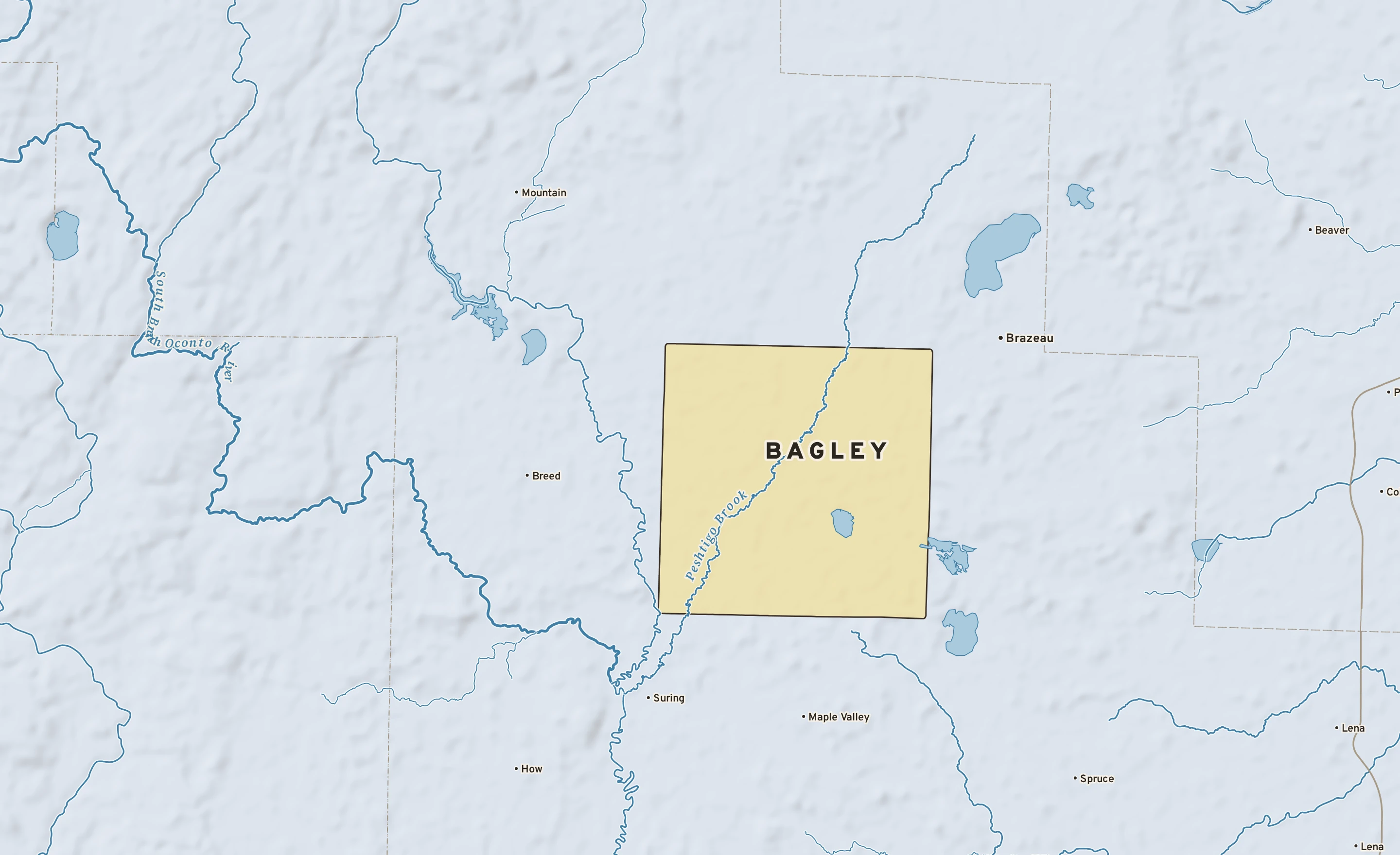 Shaded-relief atlas plate of Bagley, Wisconsin: rivers, roads, the city limits and where the water drains.