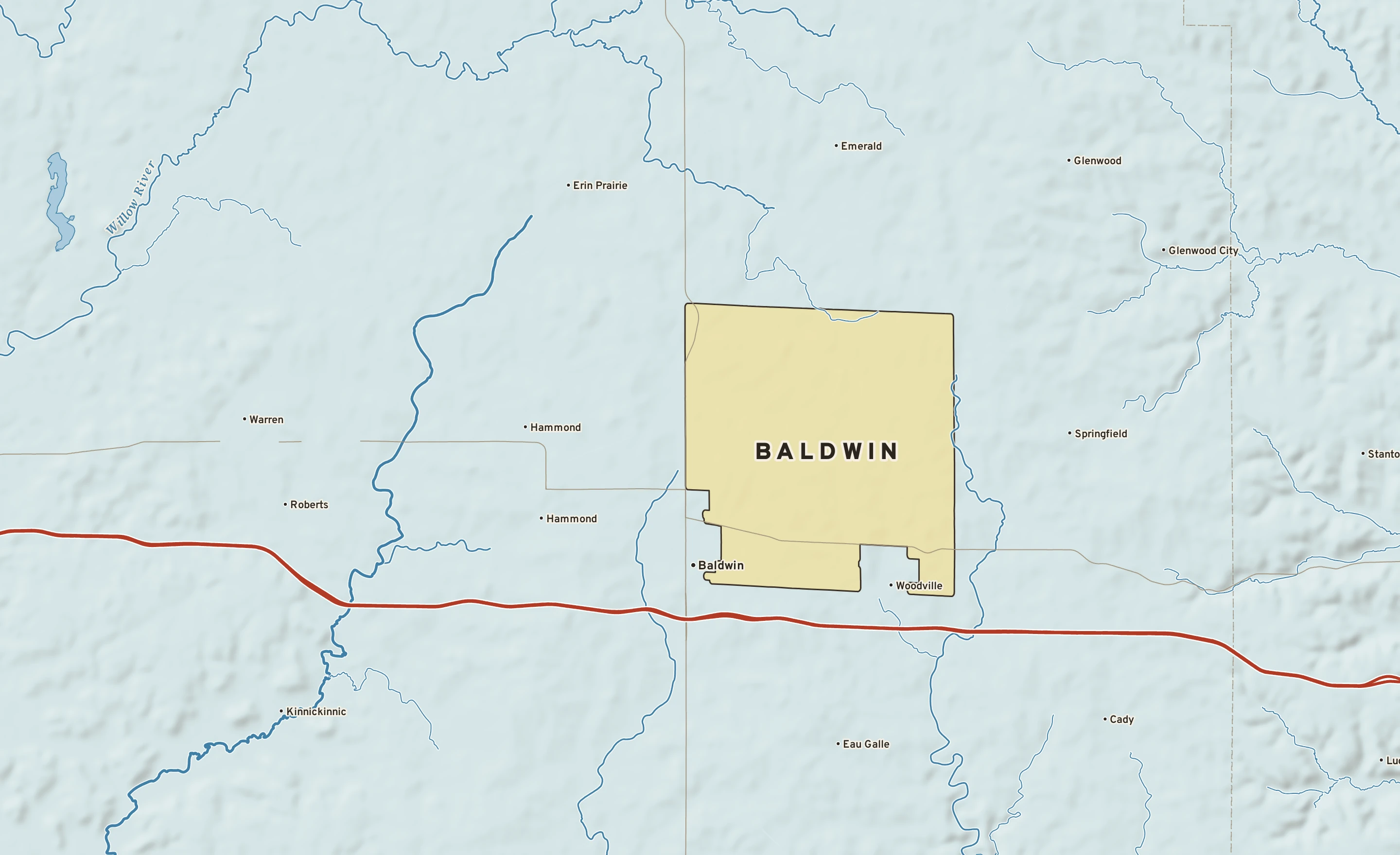 Shaded-relief atlas plate of Baldwin, Wisconsin: rivers, roads, the city limits and where the water drains.