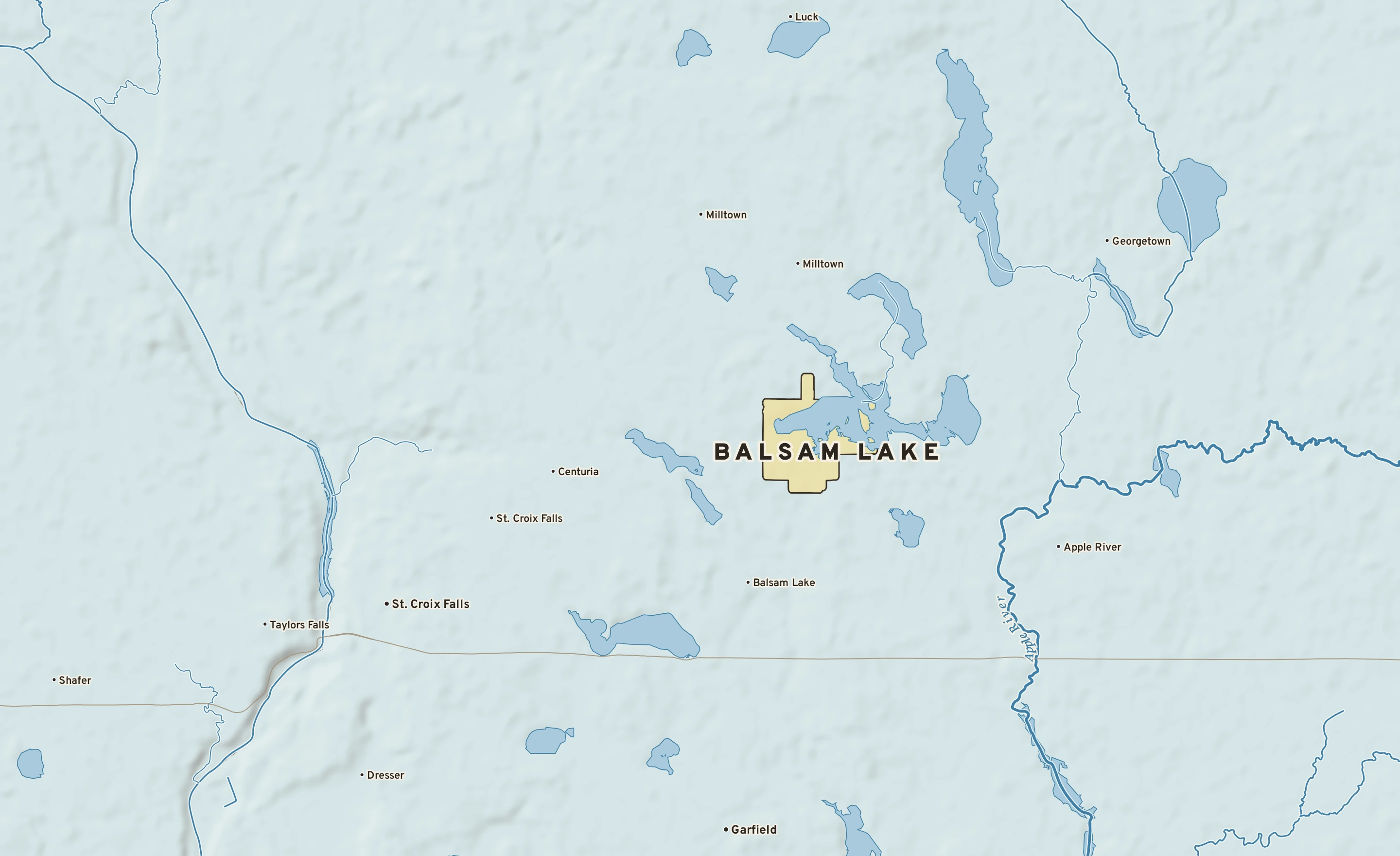 Shaded-relief atlas plate of Balsam Lake, Wisconsin: rivers, roads, the city limits and where the water drains.
