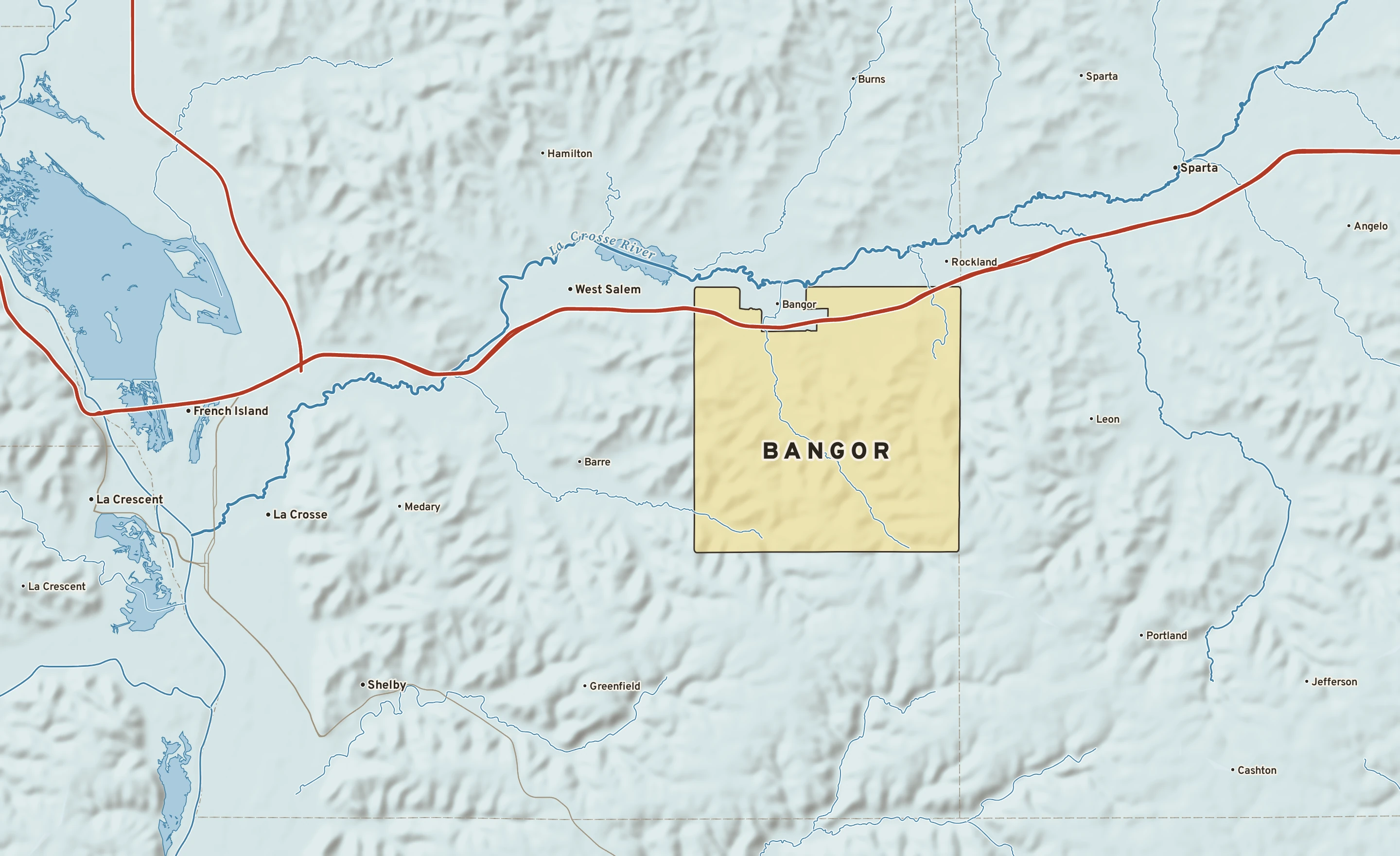 Shaded-relief atlas plate of Bangor, Wisconsin: rivers, roads, the city limits and where the water drains.