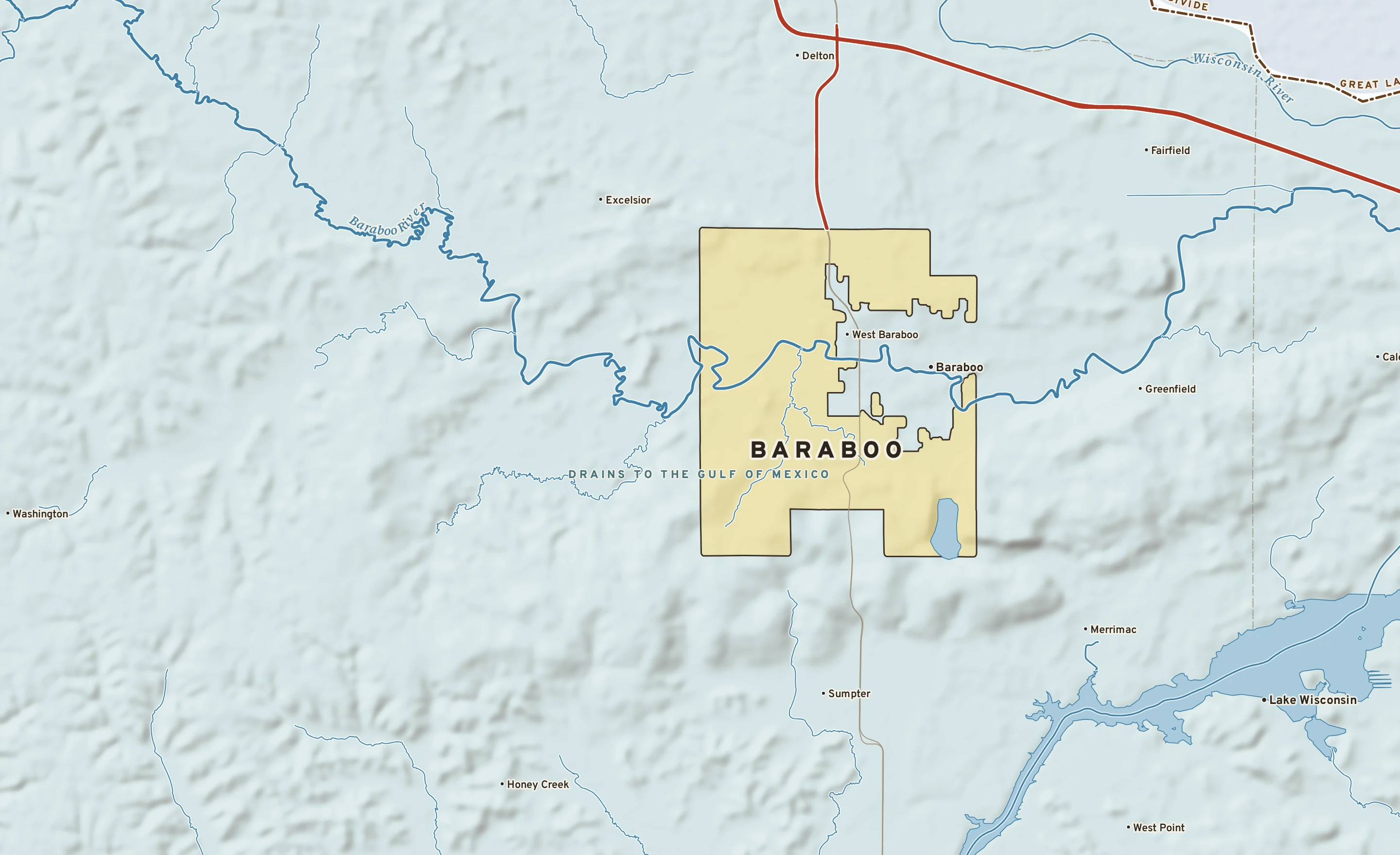 Shaded-relief atlas plate of Baraboo, Wisconsin: rivers, roads, the city limits and where the water drains.