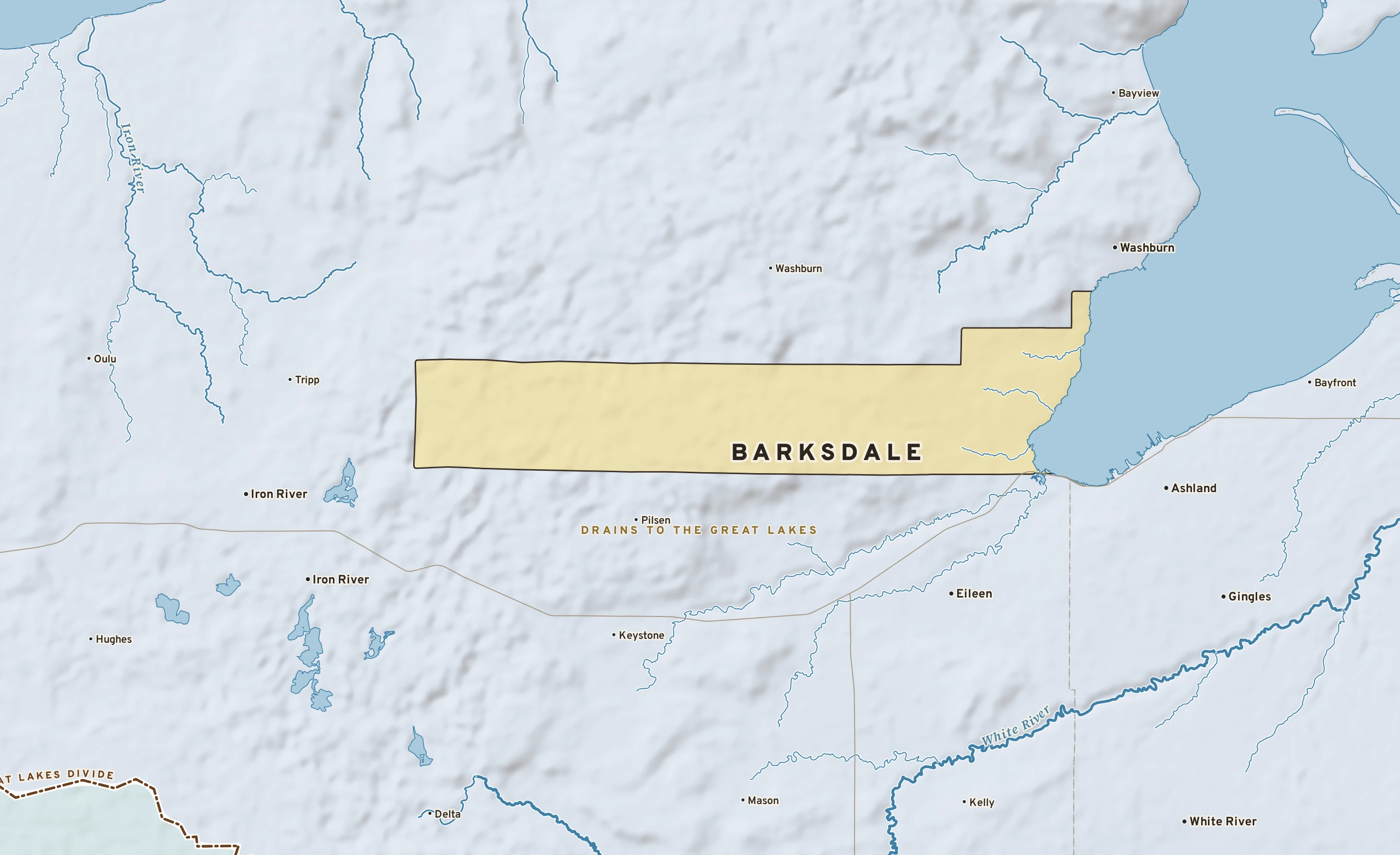 Shaded-relief atlas plate of Barksdale, Wisconsin: rivers, roads, the city limits and where the water drains.