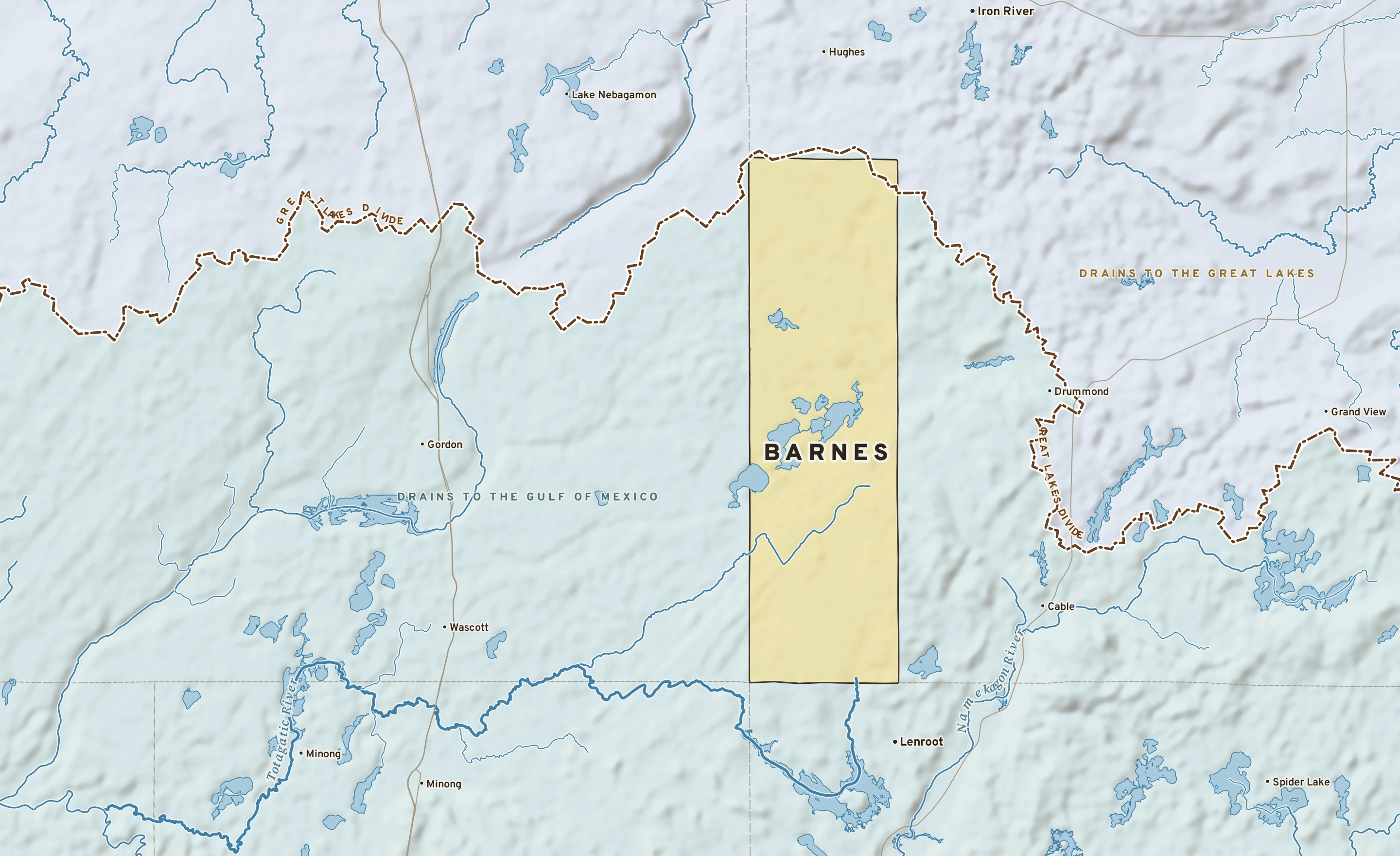Shaded-relief atlas plate of Barnes, Wisconsin: rivers, roads, the city limits and where the water drains.