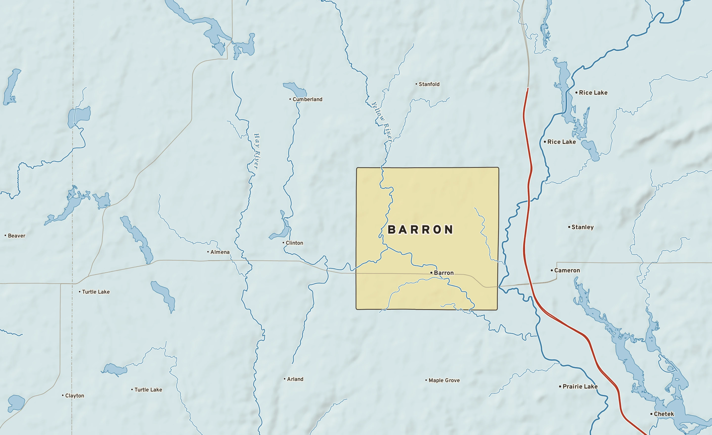 Shaded-relief atlas plate of Barron, Wisconsin: rivers, roads, the city limits and where the water drains.