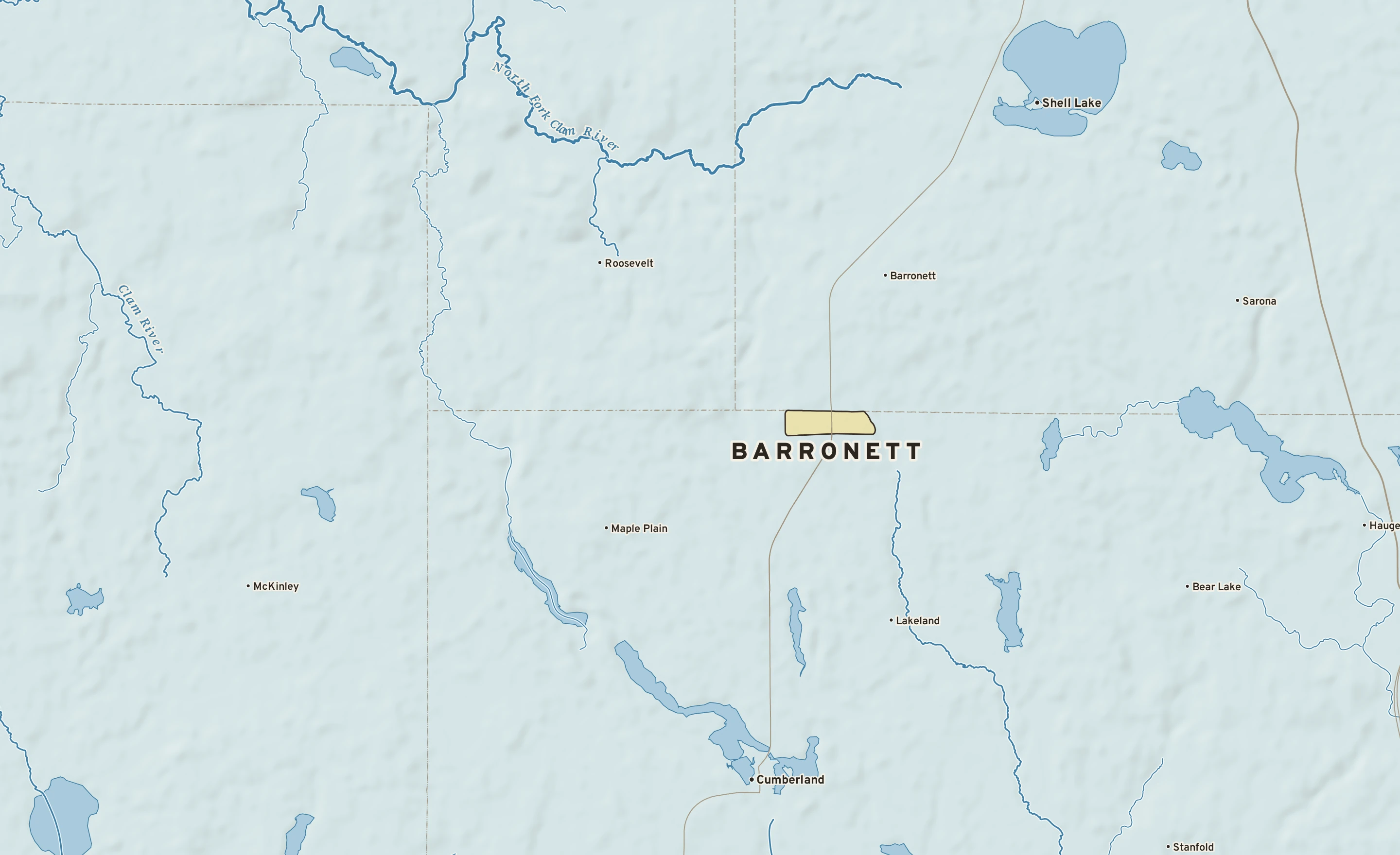 Shaded-relief atlas plate of Barronett, Wisconsin: rivers, roads, the city limits and where the water drains.