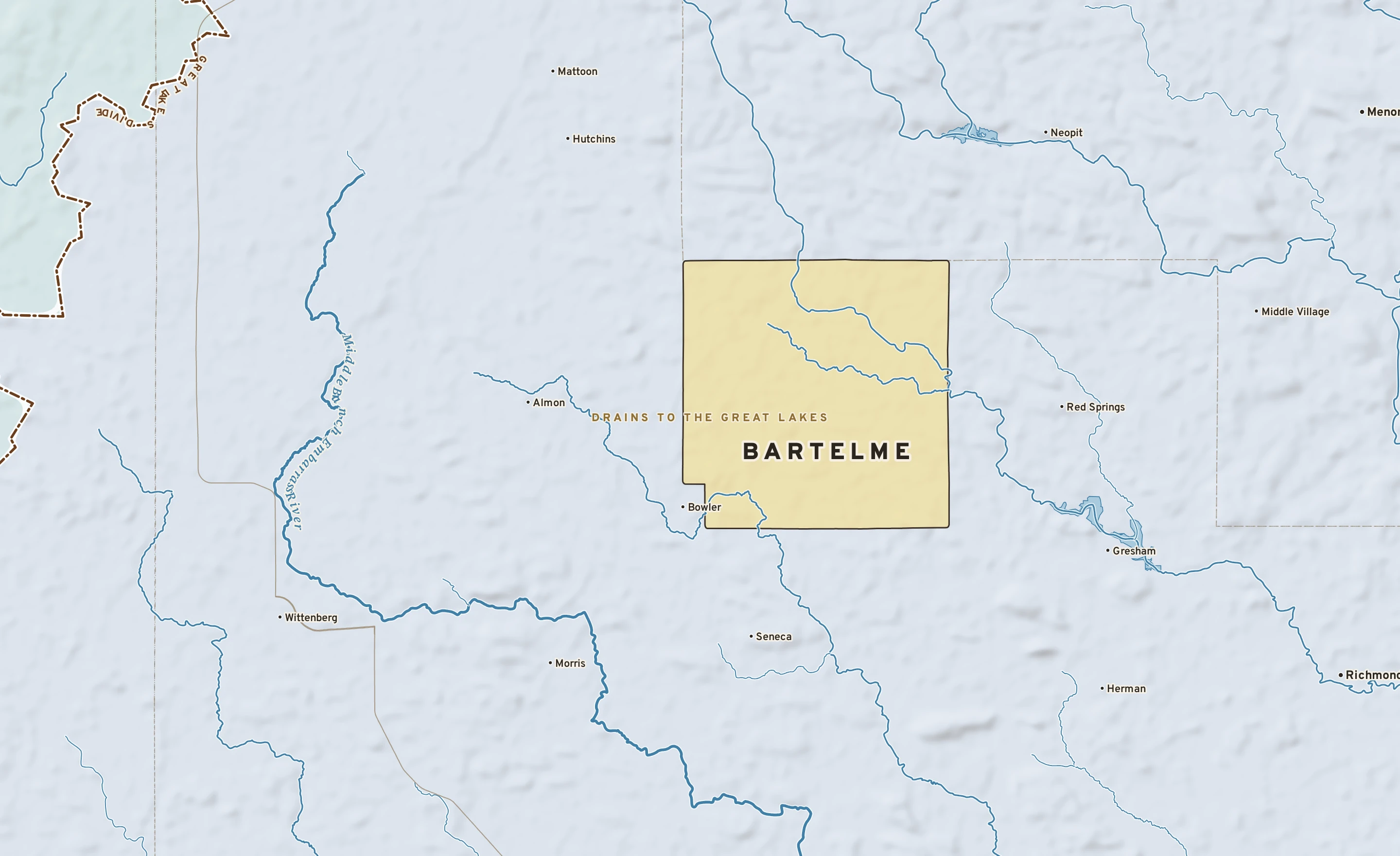 Shaded-relief atlas plate of Bartelme, Wisconsin: rivers, roads, the city limits and where the water drains.