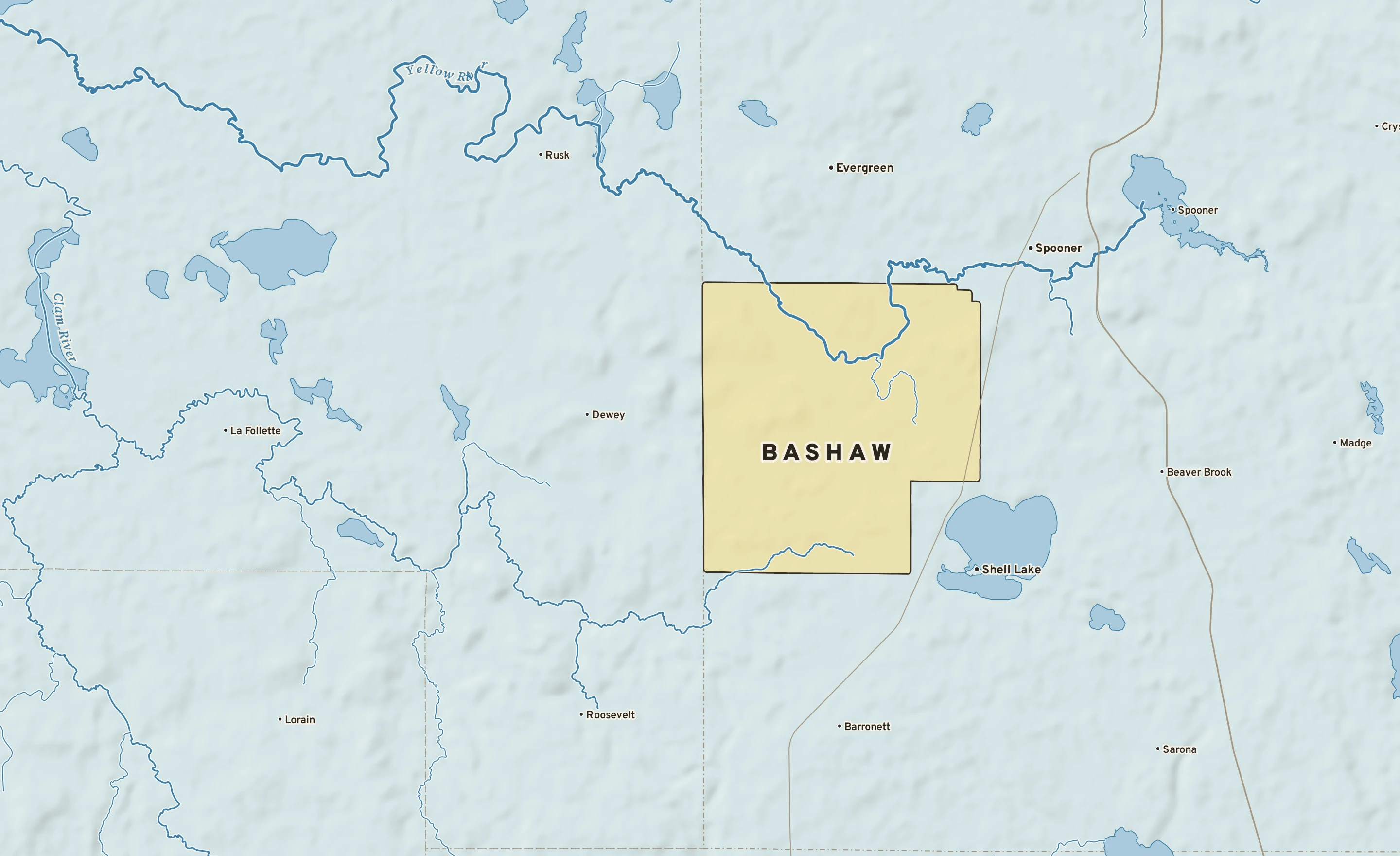 Shaded-relief atlas plate of Bashaw, Wisconsin: rivers, roads, the city limits and where the water drains.