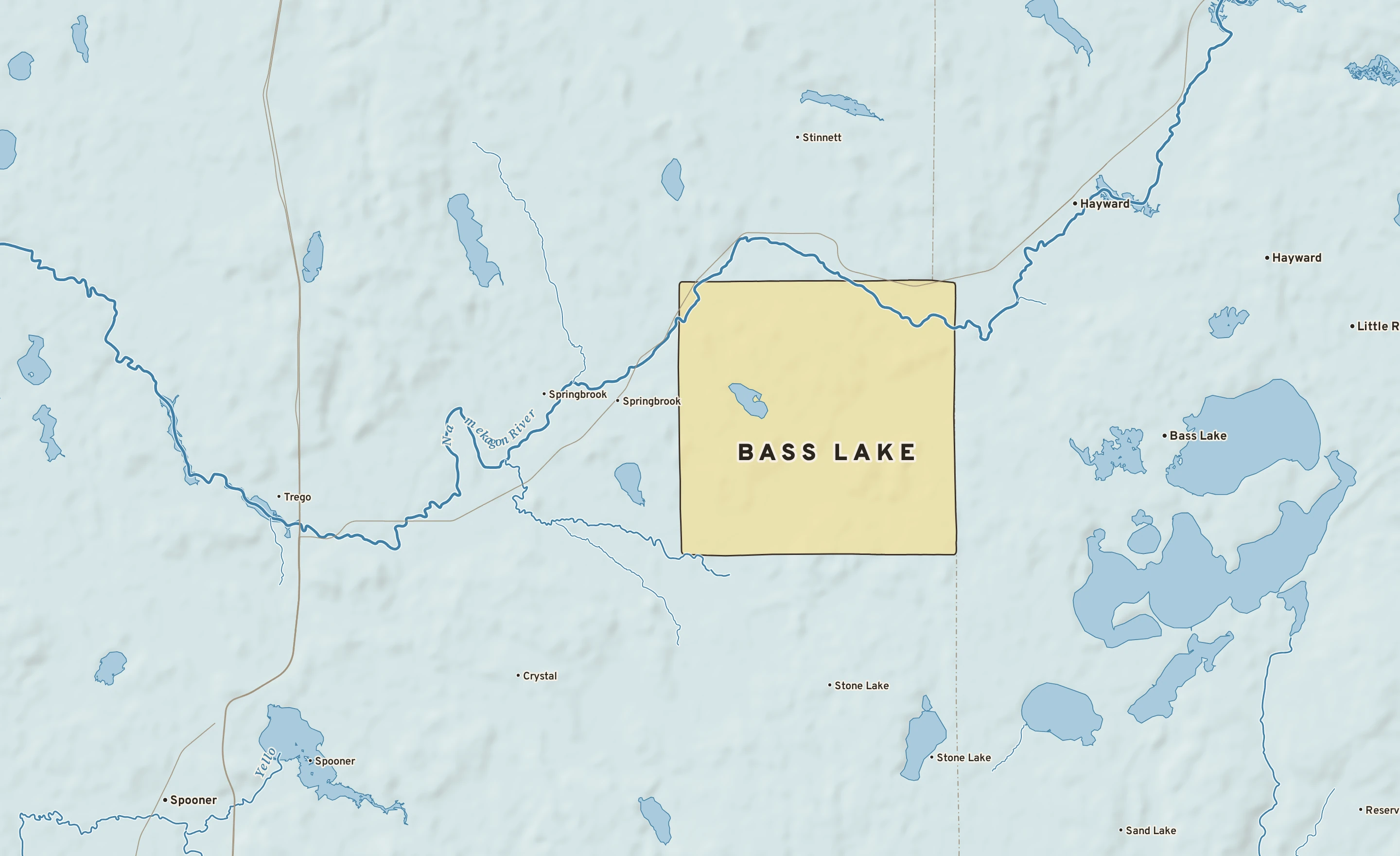 Shaded-relief atlas plate of Bass Lake, Wisconsin: rivers, roads, the city limits and where the water drains.
