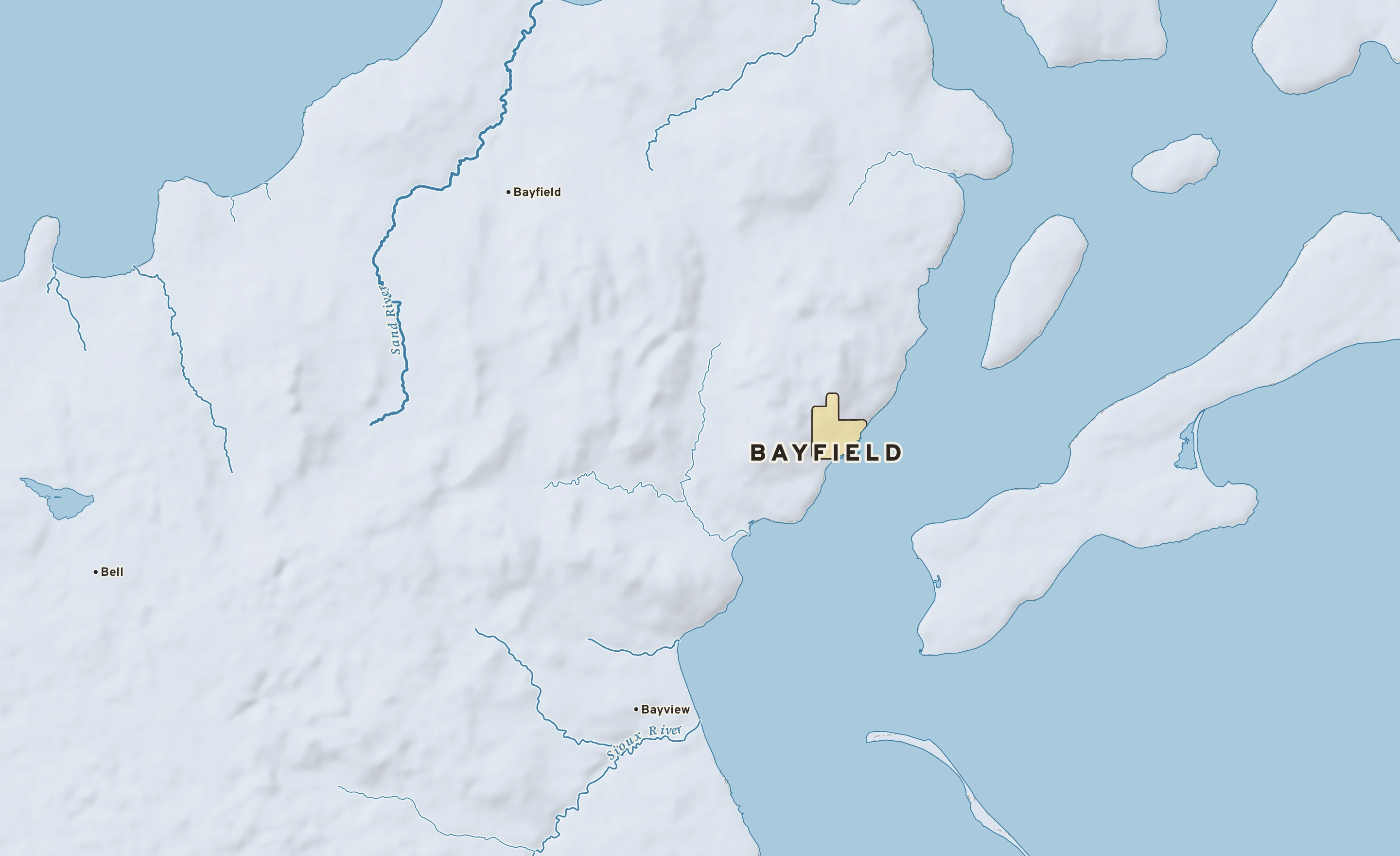 Shaded-relief atlas plate of Bayfield, Wisconsin: rivers, roads, the city limits and where the water drains.