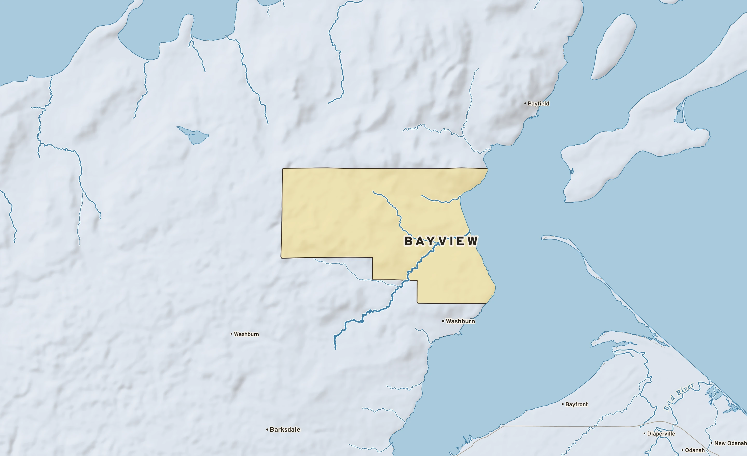 Shaded-relief atlas plate of Bayview, Wisconsin: rivers, roads, the city limits and where the water drains.