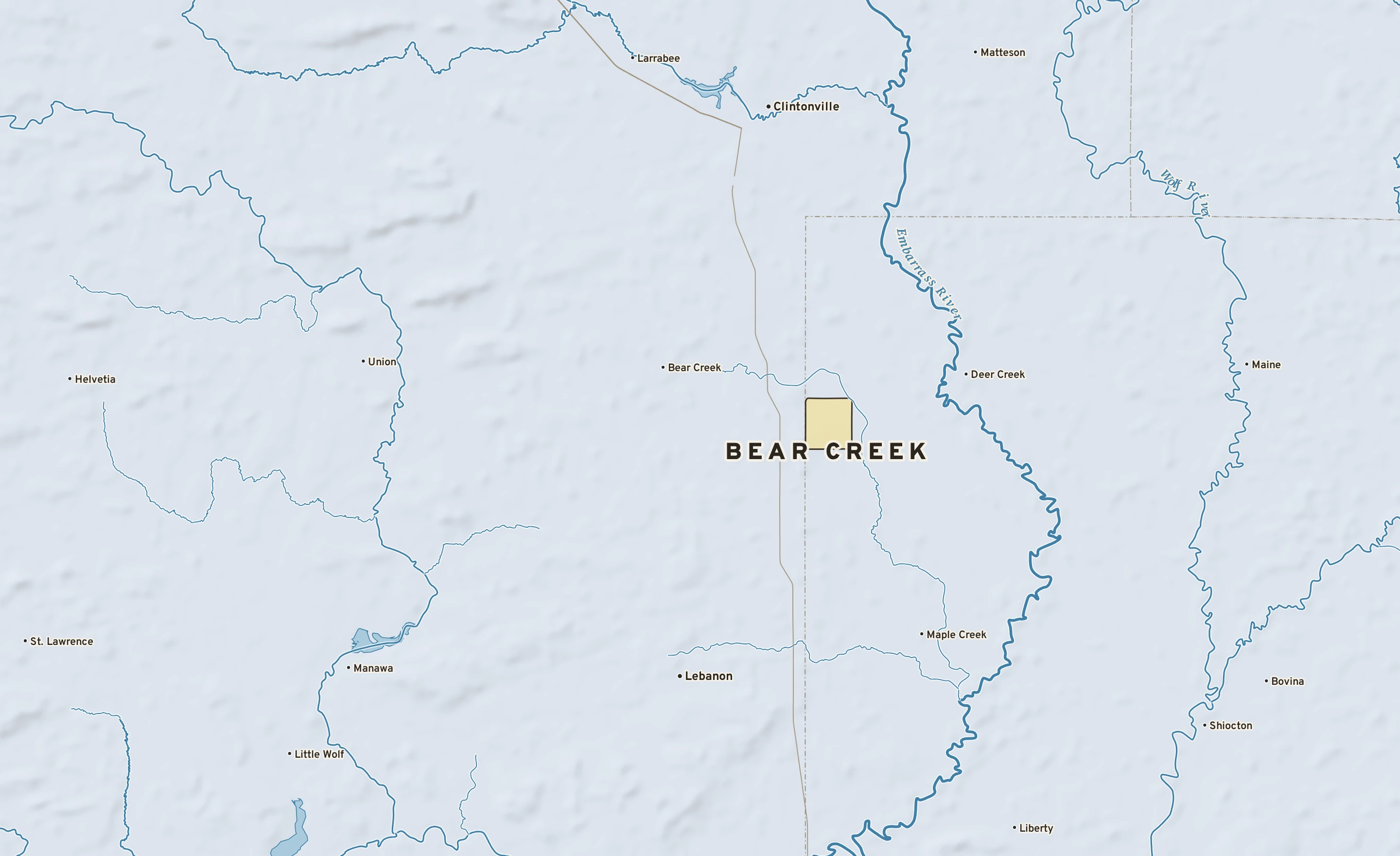 Shaded-relief atlas plate of Bear Creek, Wisconsin: rivers, roads, the city limits and where the water drains.