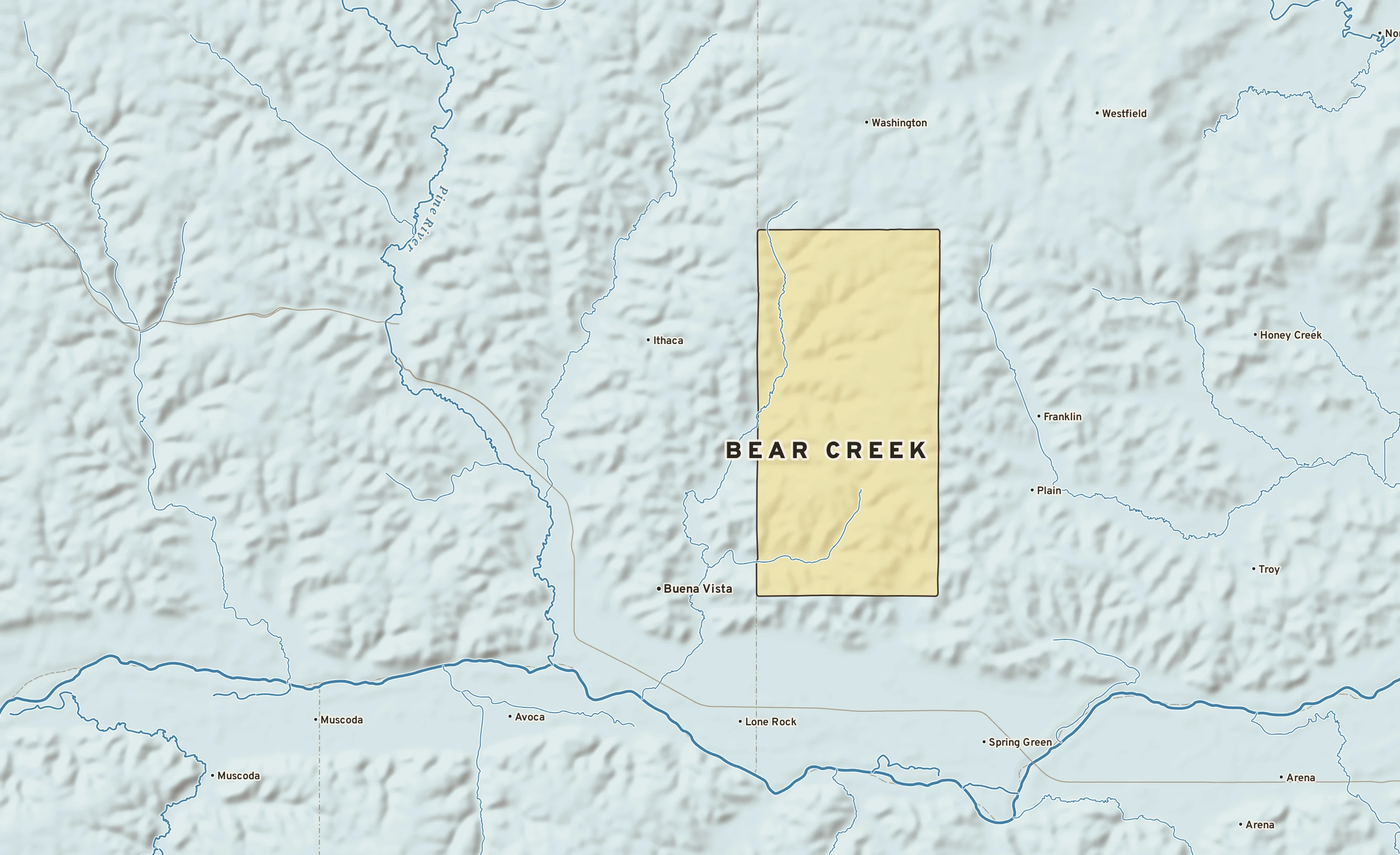 Shaded-relief atlas plate of Bear Creek, Wisconsin: rivers, roads, the city limits and where the water drains.