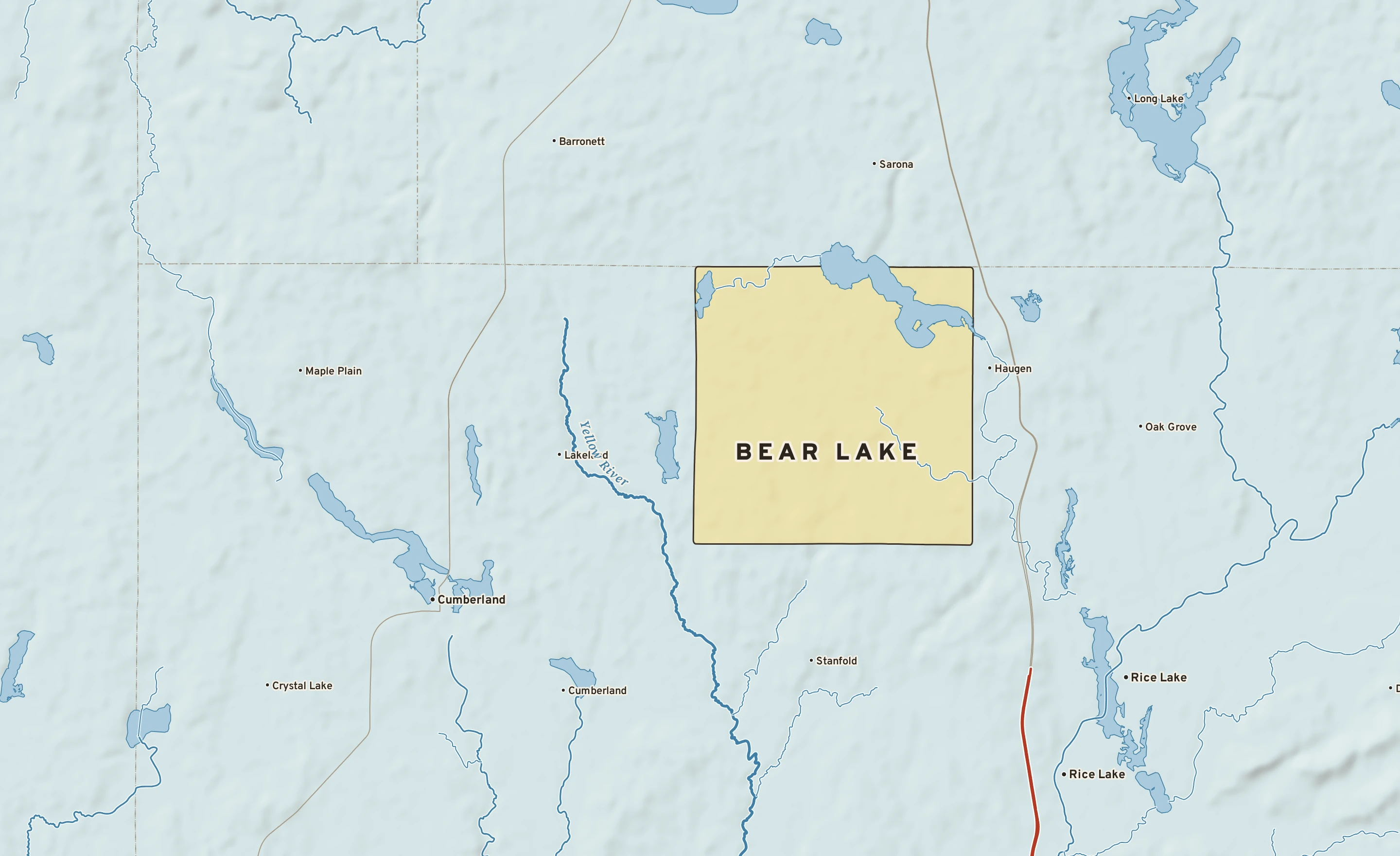 Shaded-relief atlas plate of Bear Lake, Wisconsin: rivers, roads, the city limits and where the water drains.