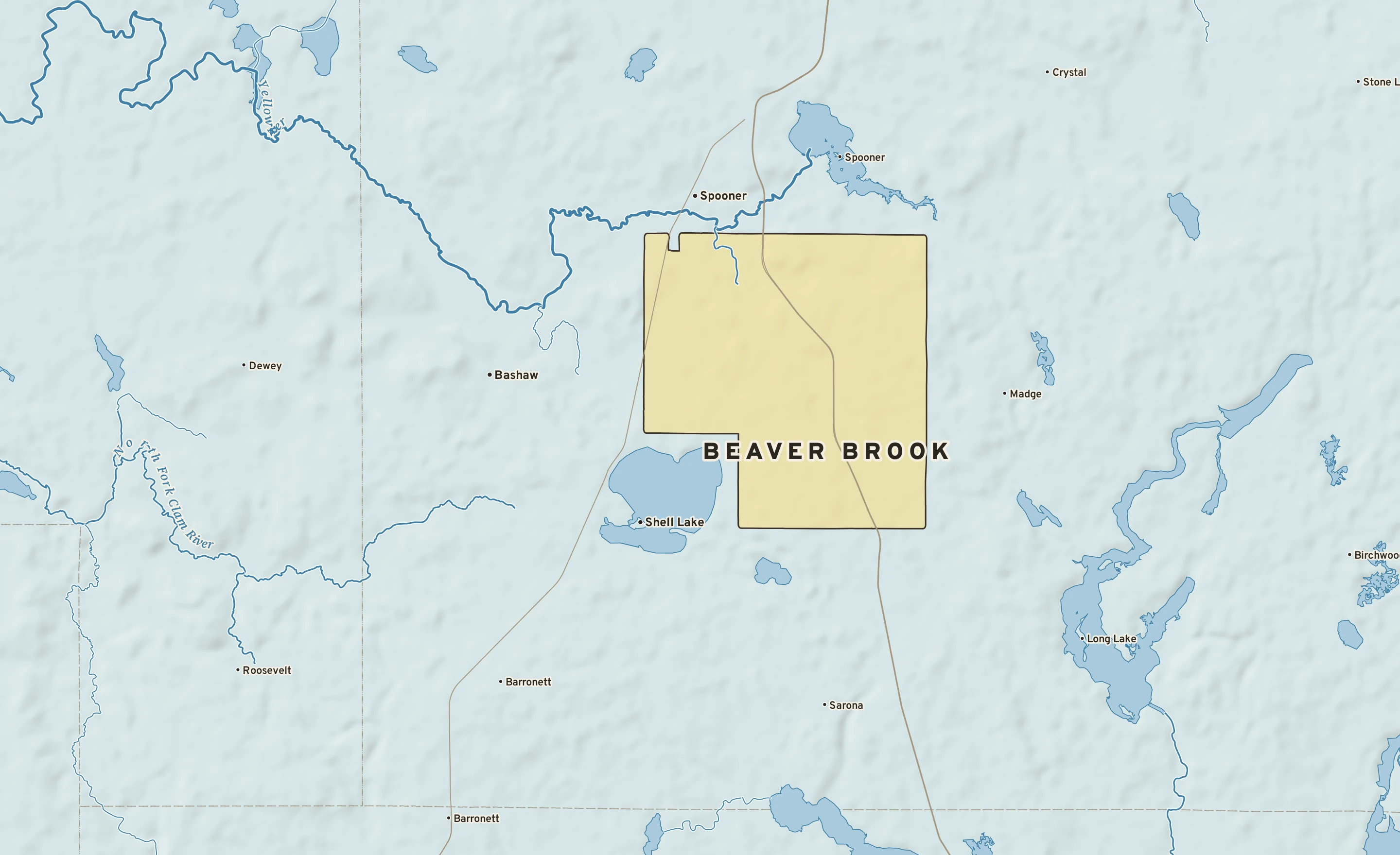 Shaded-relief atlas plate of Beaver Brook, Wisconsin: rivers, roads, the city limits and where the water drains.