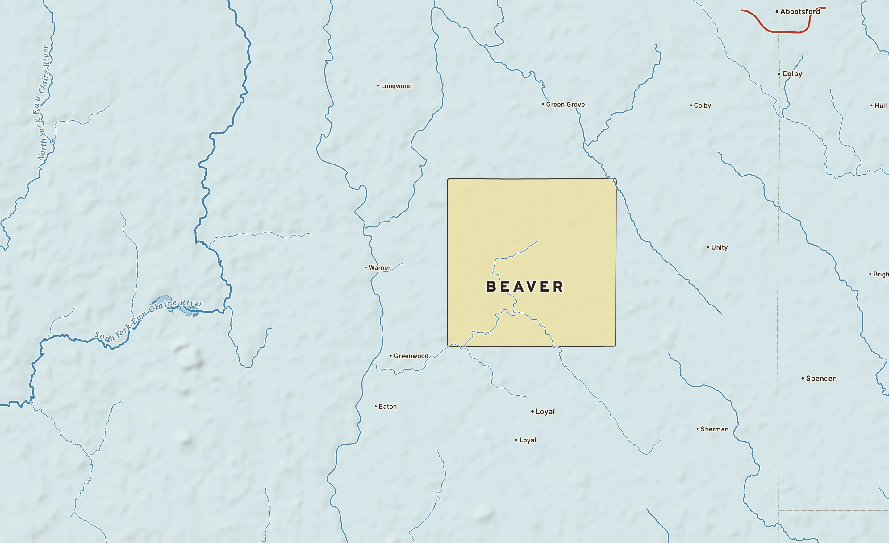 Shaded-relief atlas plate of Beaver, Wisconsin: rivers, roads, the city limits and where the water drains.