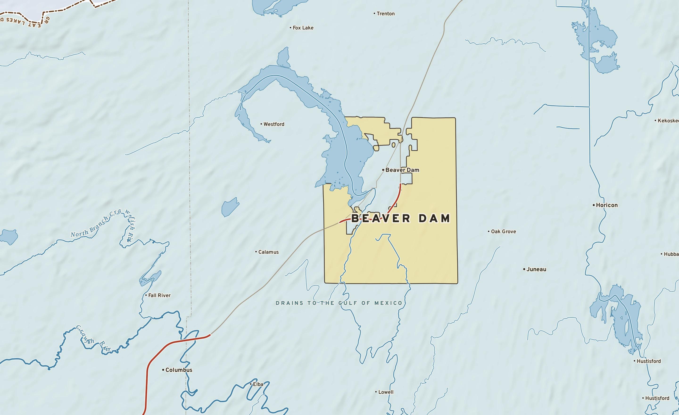 Shaded-relief atlas plate of Beaver Dam, Wisconsin: rivers, roads, the city limits and where the water drains.