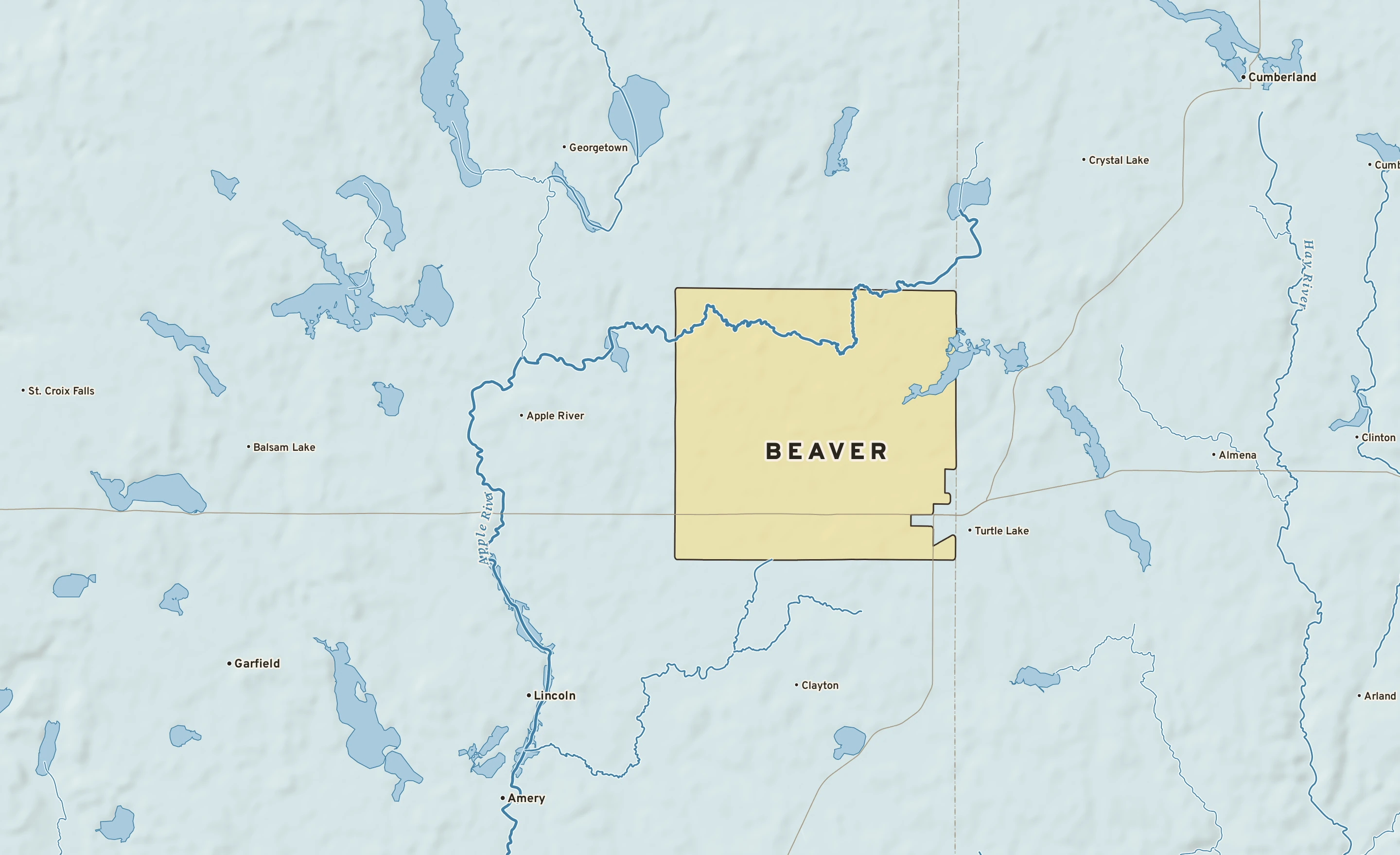 Shaded-relief atlas plate of Beaver, Wisconsin: rivers, roads, the city limits and where the water drains.