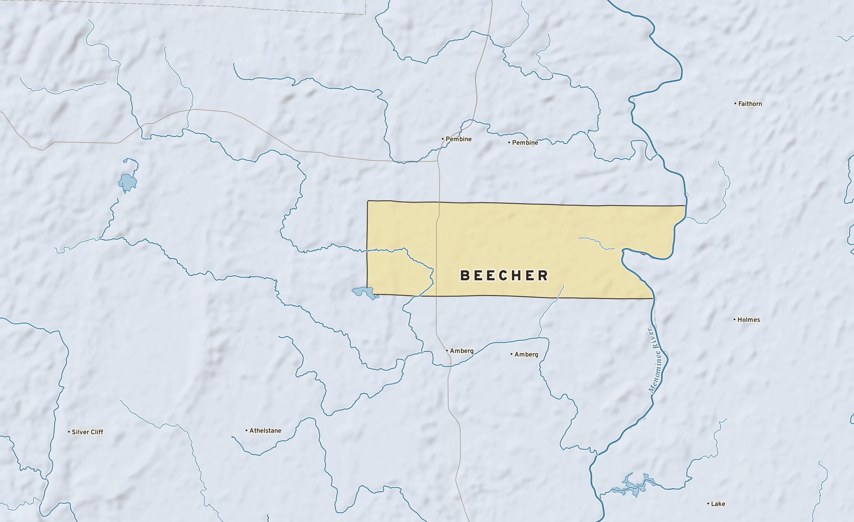 Shaded-relief atlas plate of Beecher, Wisconsin: rivers, roads, the city limits and where the water drains.