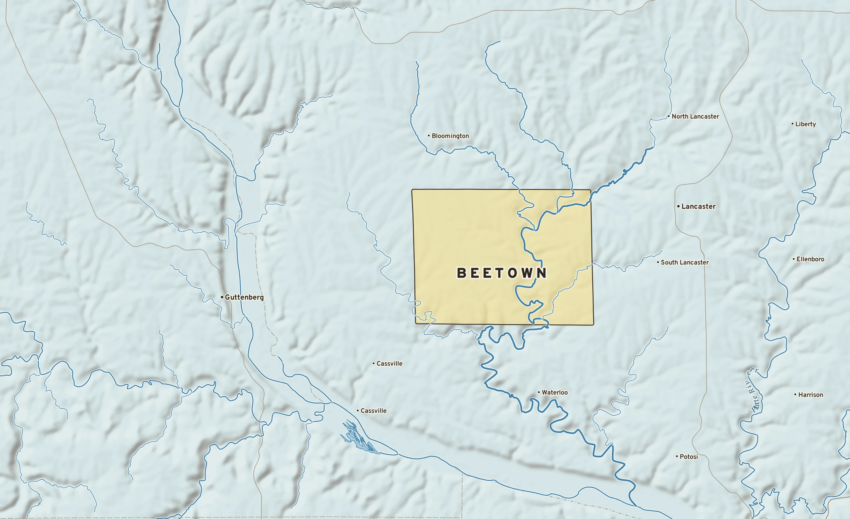 Shaded-relief atlas plate of Beetown, Wisconsin: rivers, roads, the city limits and where the water drains.