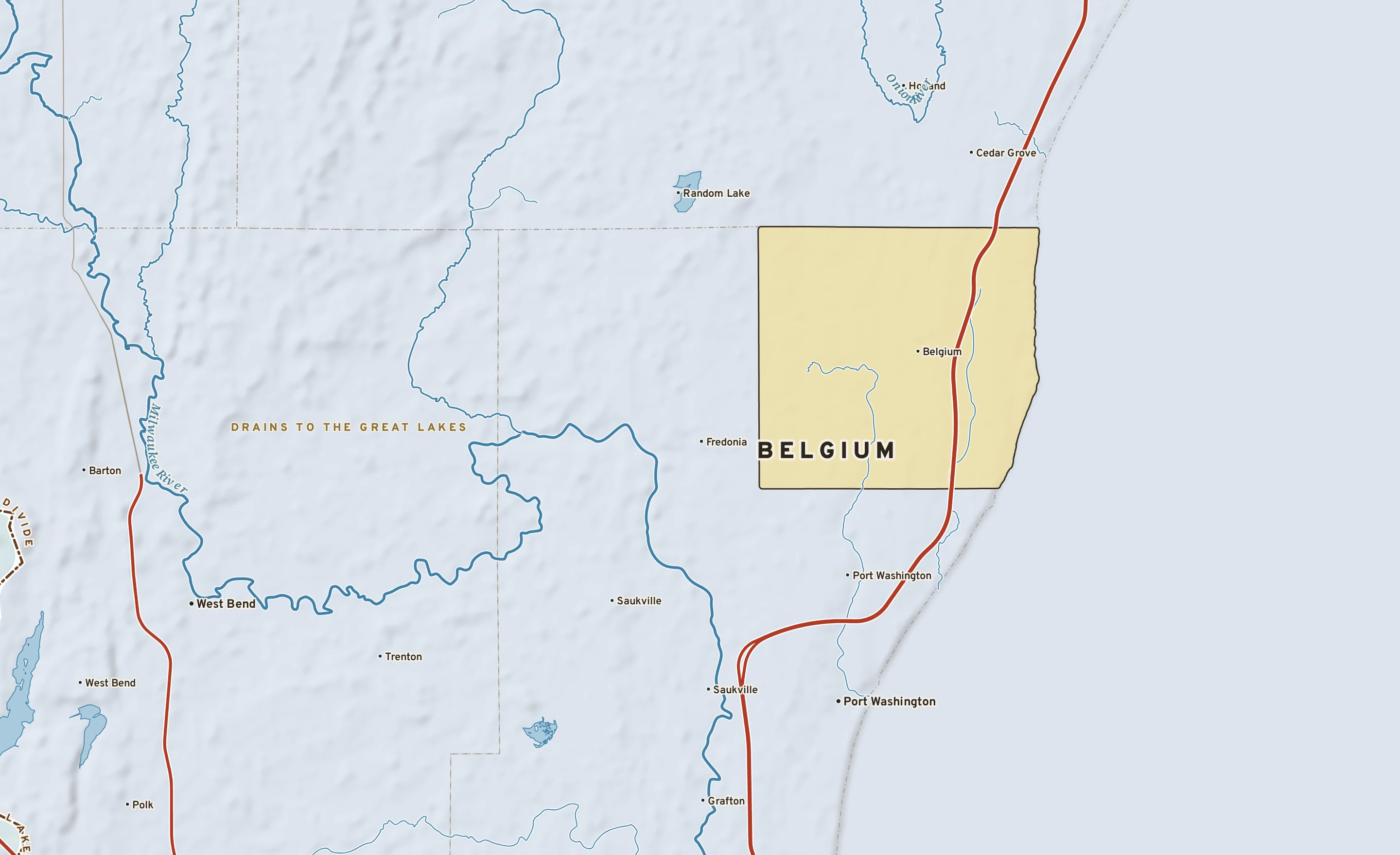 Shaded-relief atlas plate of Belgium, Wisconsin: rivers, roads, the city limits and where the water drains.