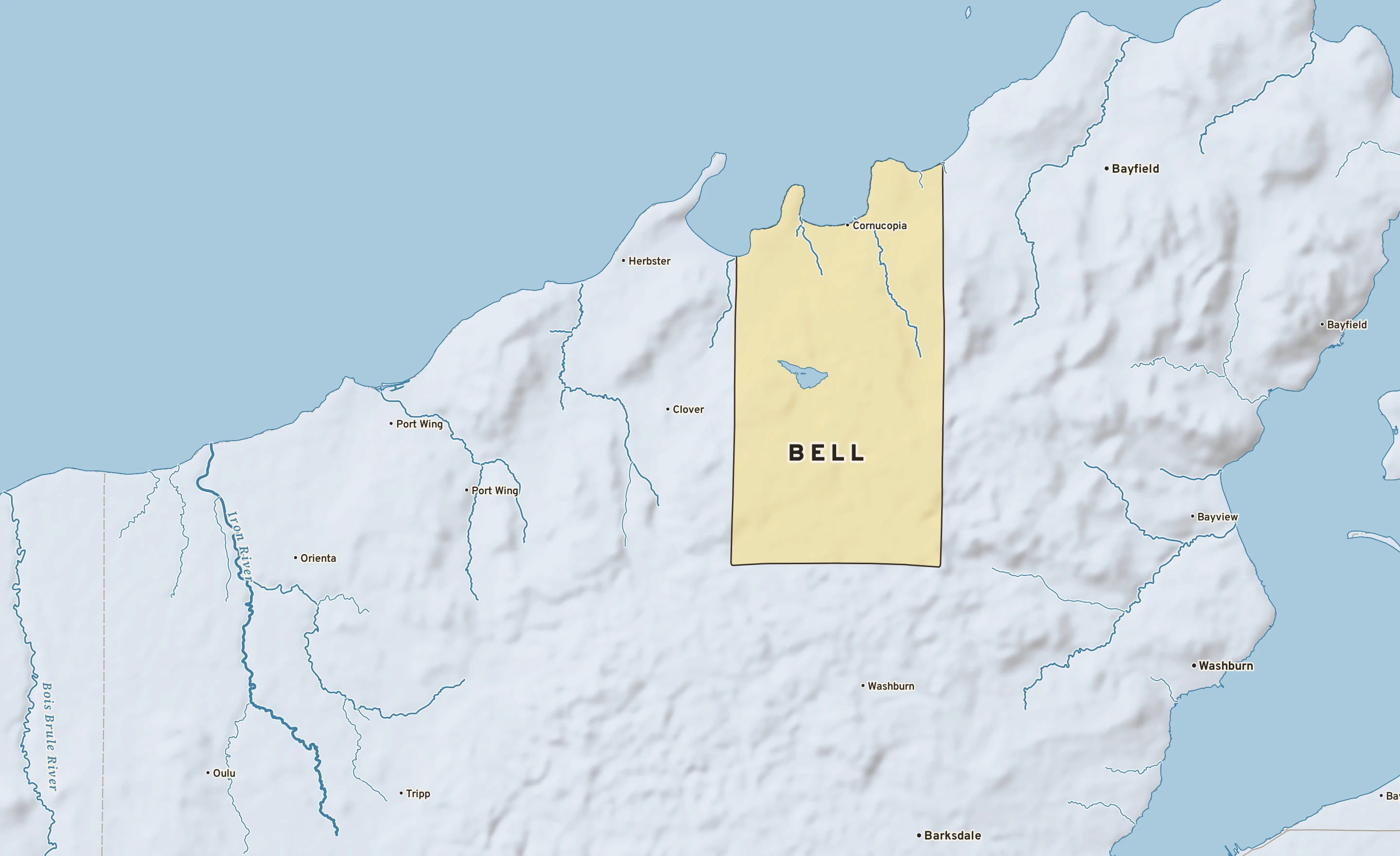 Shaded-relief atlas plate of Bell, Wisconsin: rivers, roads, the city limits and where the water drains.