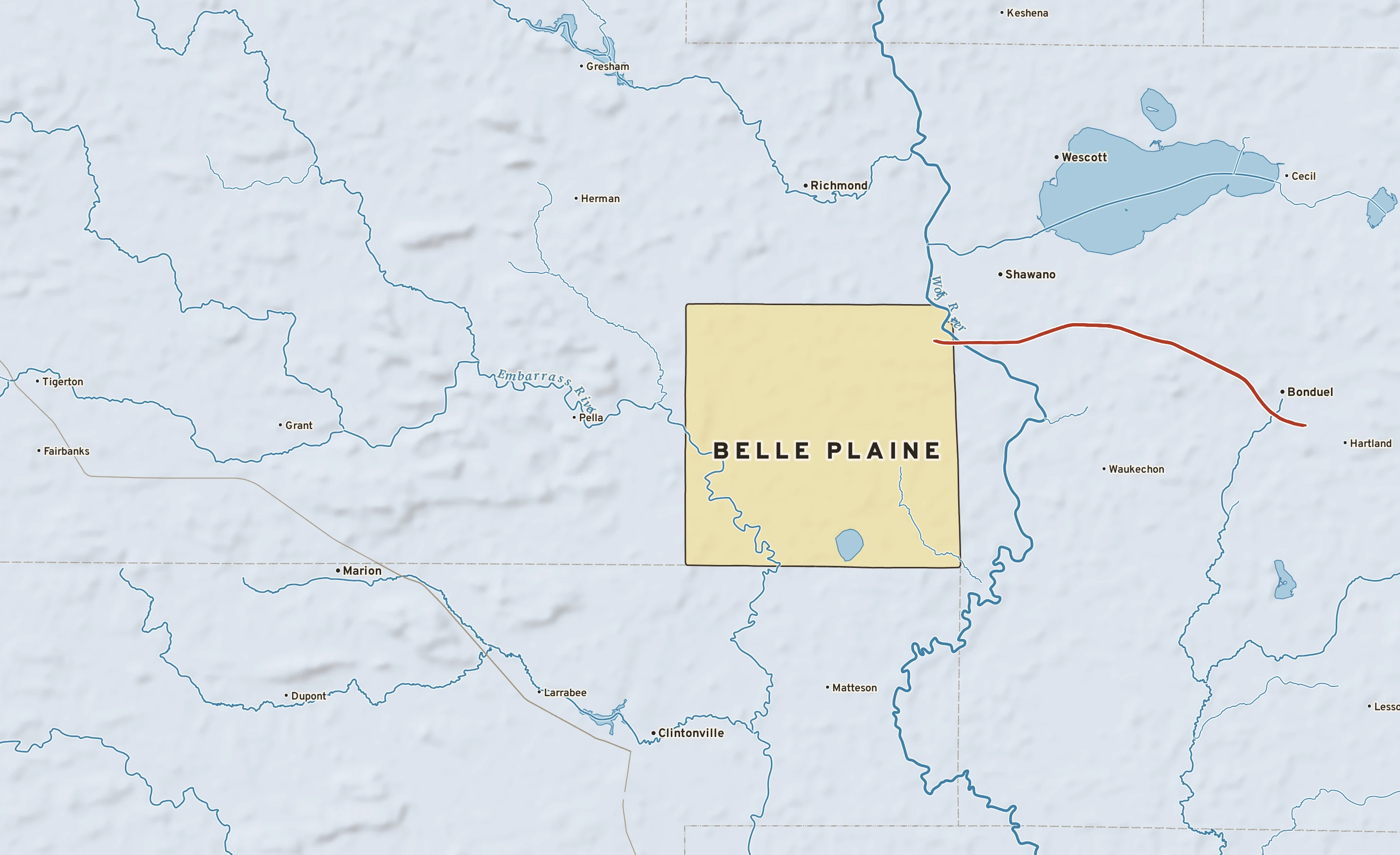 Shaded-relief atlas plate of Belle Plaine, Wisconsin: rivers, roads, the city limits and where the water drains.
