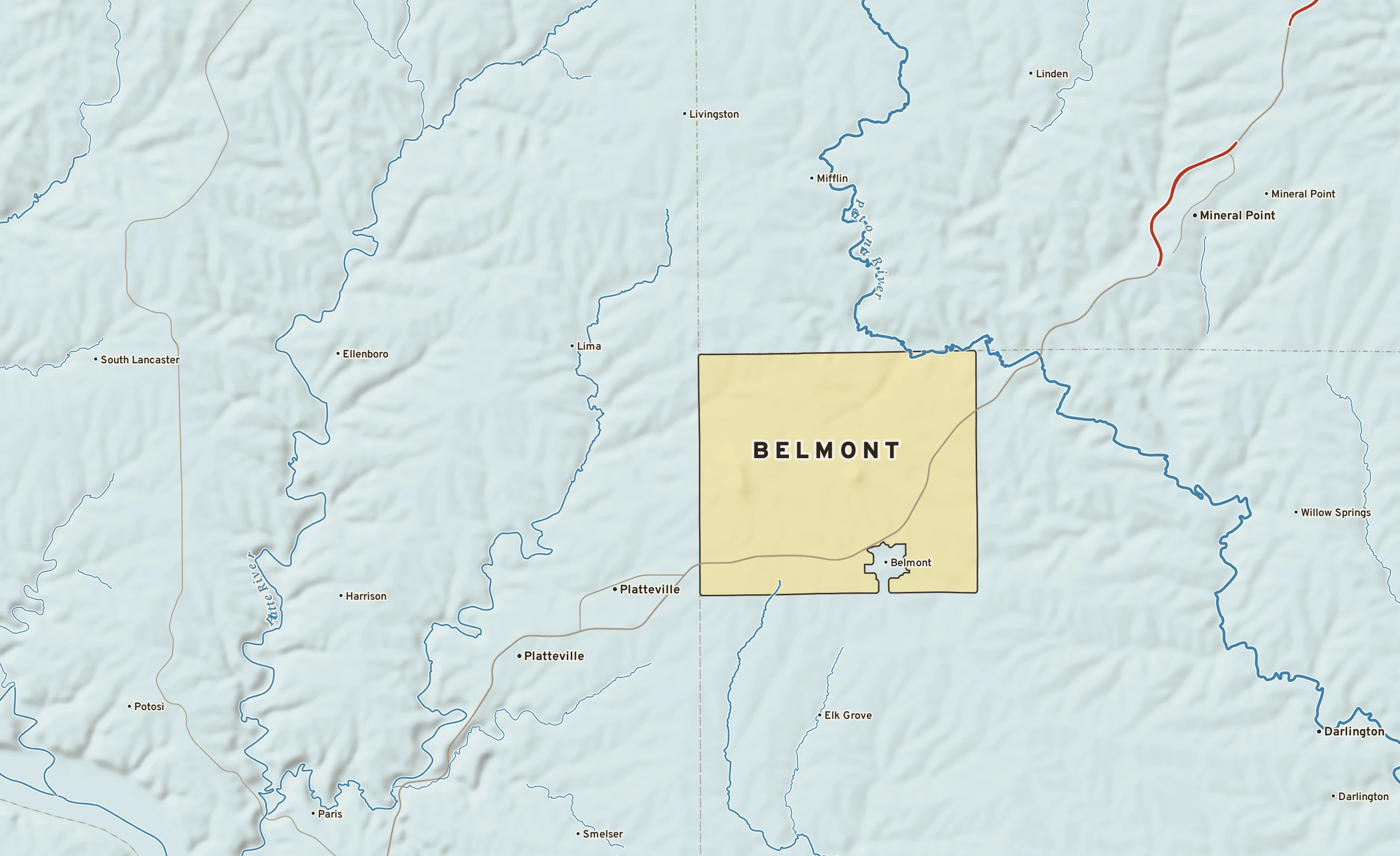 Shaded-relief atlas plate of Belmont, Wisconsin: rivers, roads, the city limits and where the water drains.