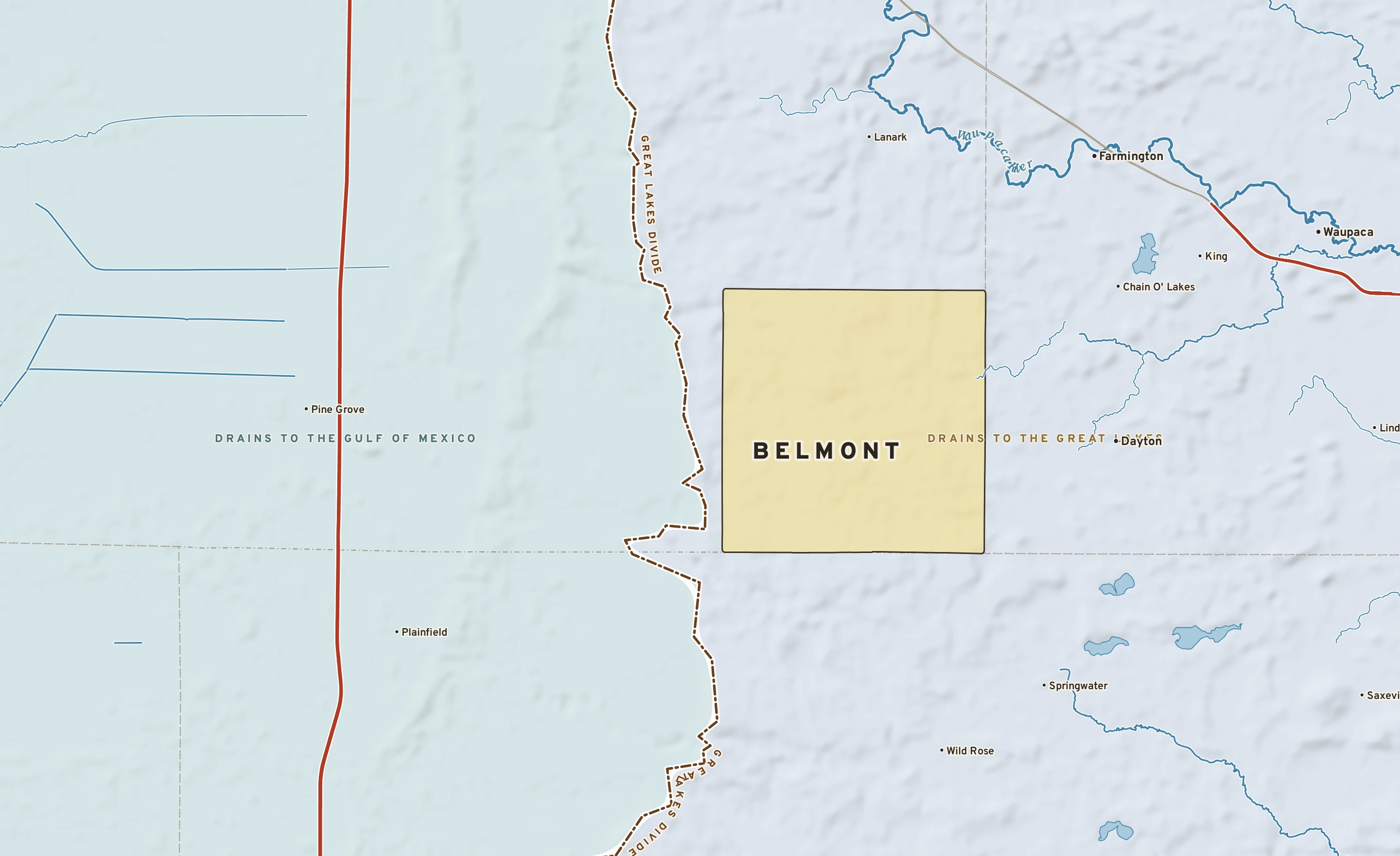 Shaded-relief atlas plate of Belmont, Wisconsin: rivers, roads, the city limits and where the water drains.