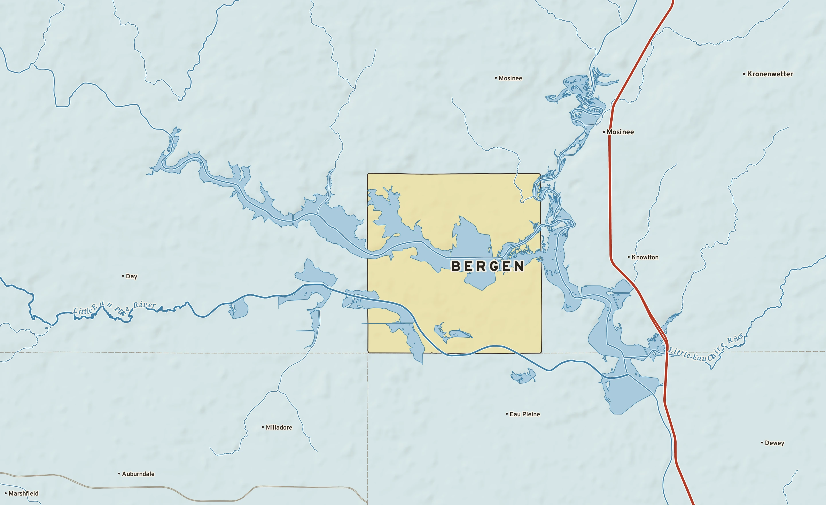 Shaded-relief atlas plate of Bergen, Wisconsin: rivers, roads, the city limits and where the water drains.