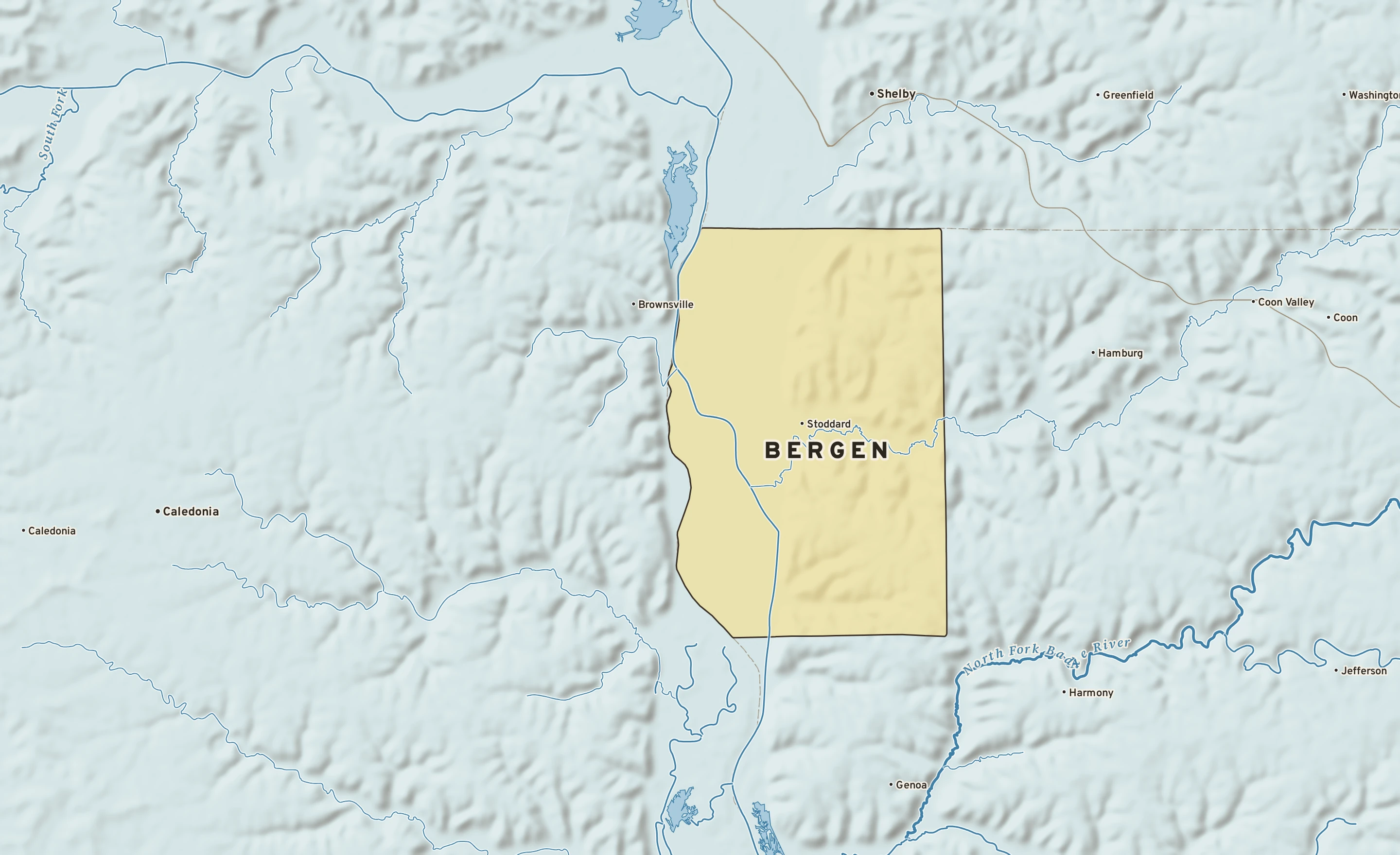 Shaded-relief atlas plate of Bergen, Wisconsin: rivers, roads, the city limits and where the water drains.