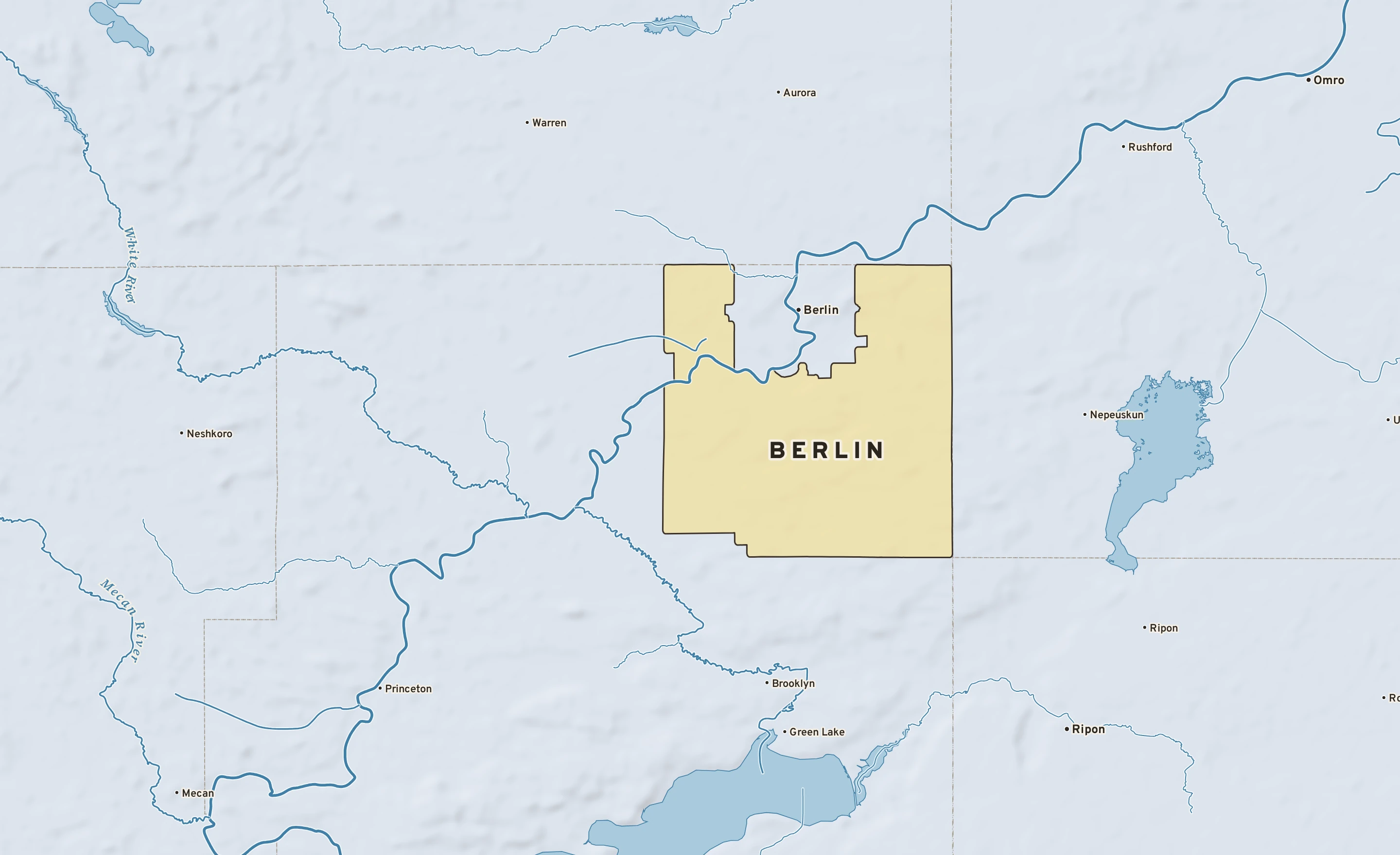 Shaded-relief atlas plate of Berlin, Wisconsin: rivers, roads, the city limits and where the water drains.