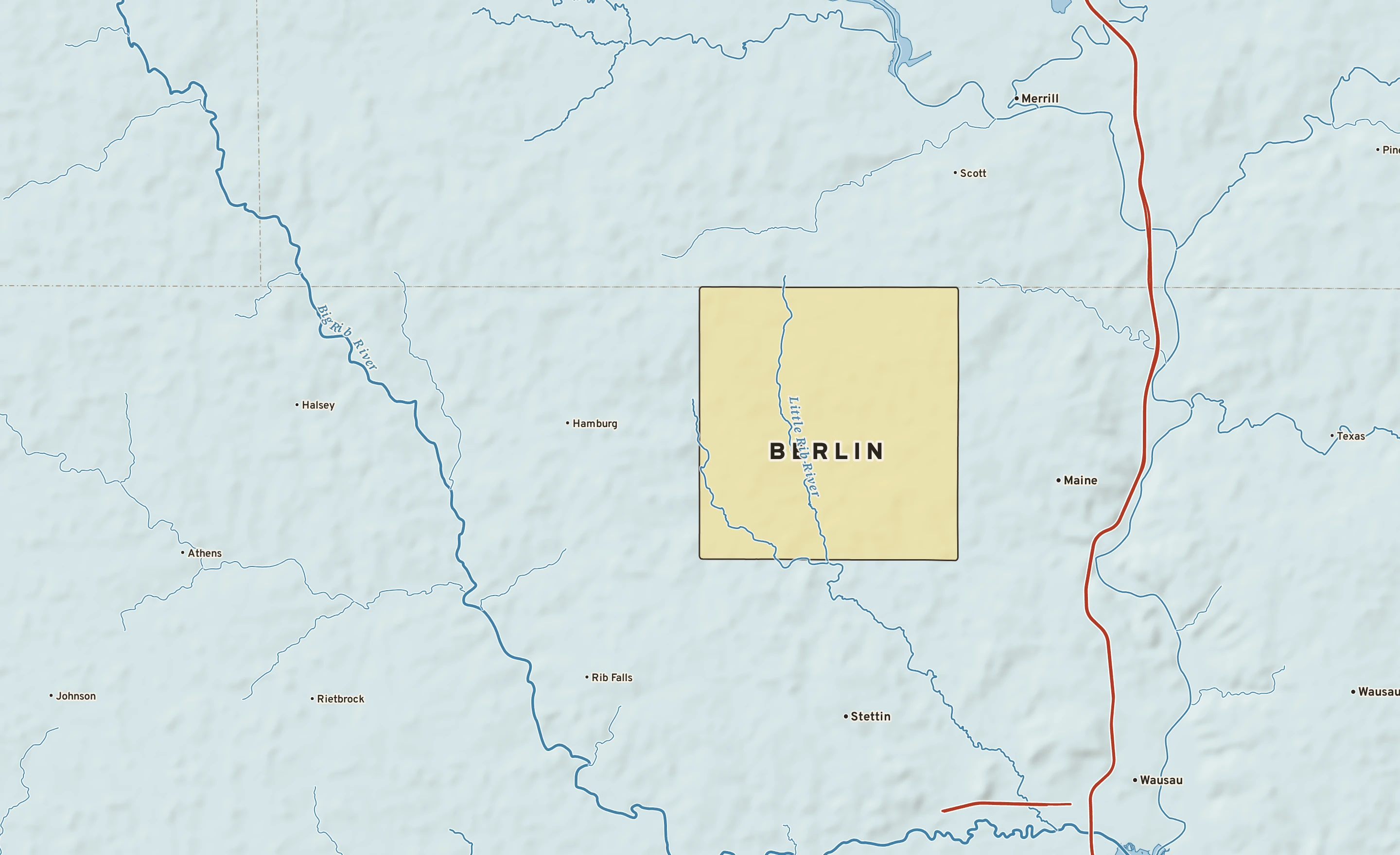 Shaded-relief atlas plate of Berlin, Wisconsin: rivers, roads, the city limits and where the water drains.
