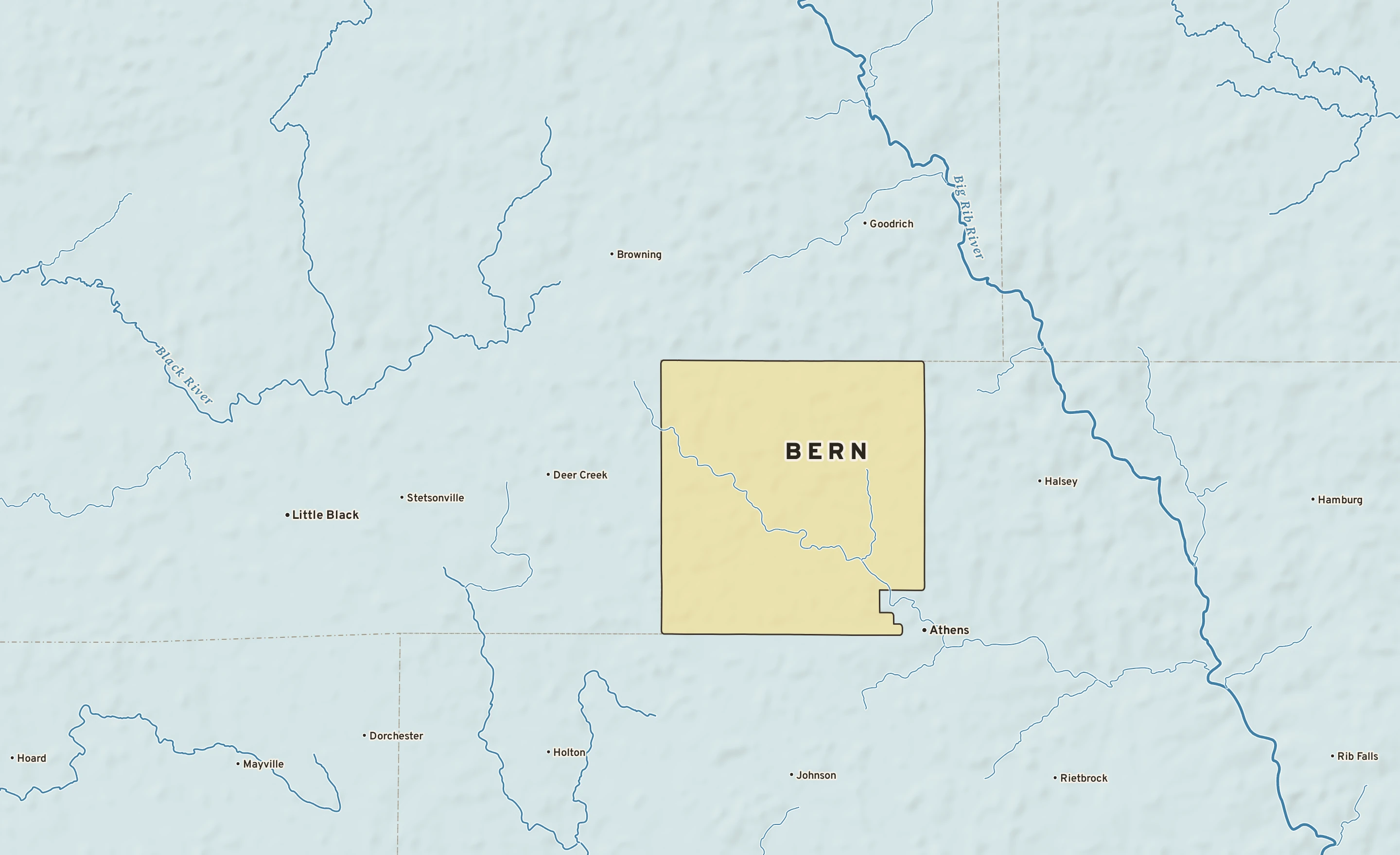 Shaded-relief atlas plate of Bern, Wisconsin: rivers, roads, the city limits and where the water drains.