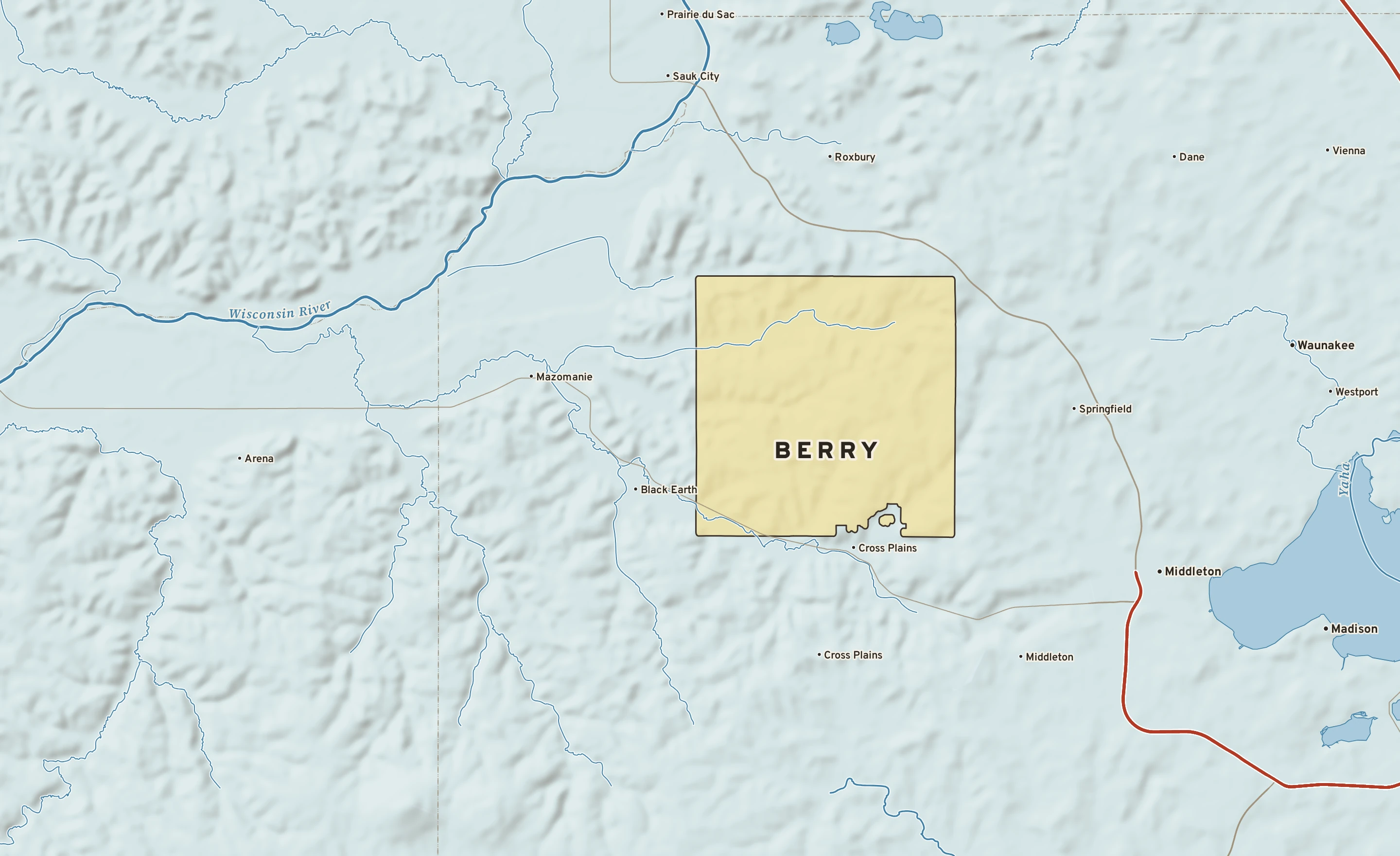 Shaded-relief atlas plate of Berry, Wisconsin: rivers, roads, the city limits and where the water drains.