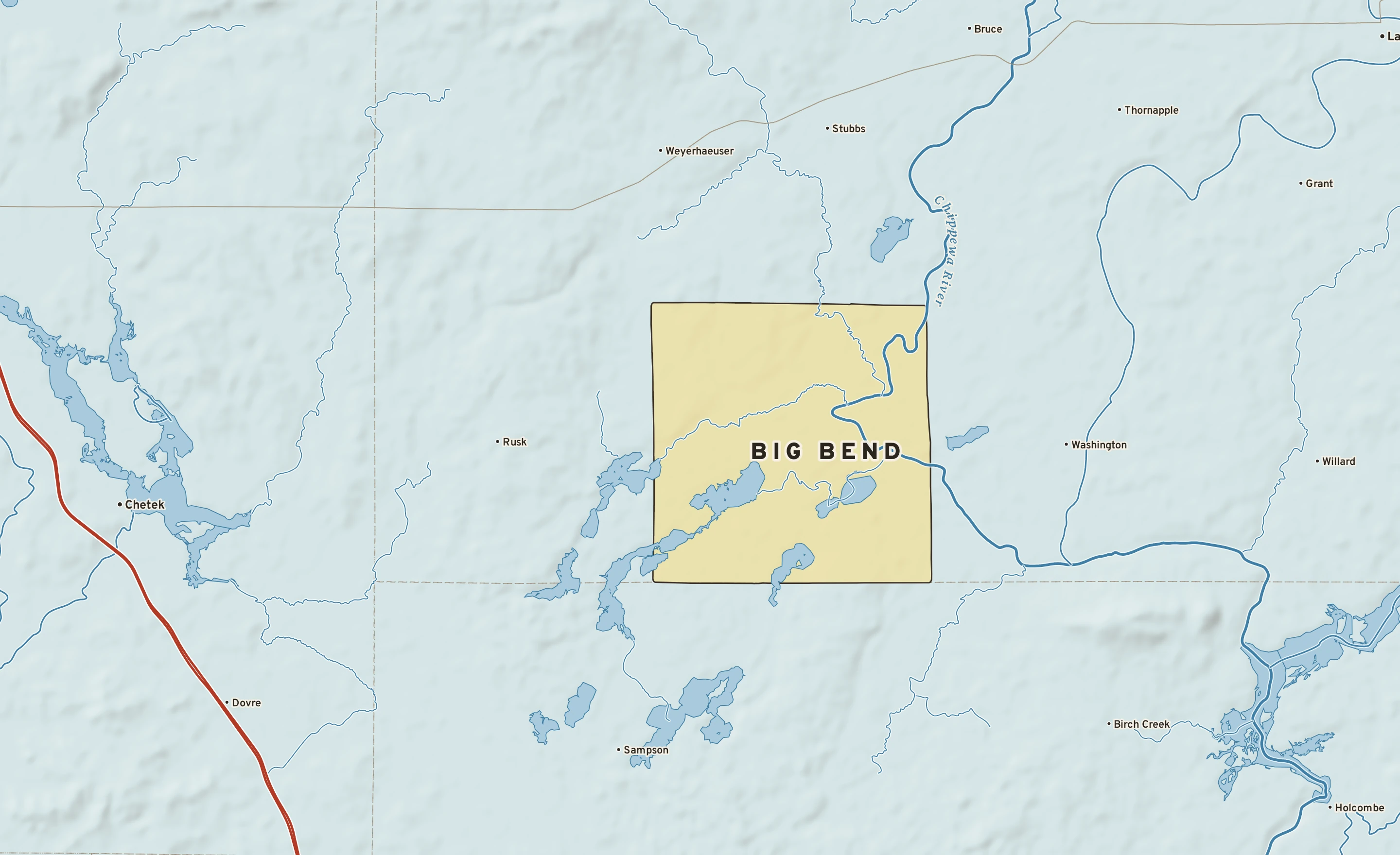 Shaded-relief atlas plate of Big Bend, Wisconsin: rivers, roads, the city limits and where the water drains.