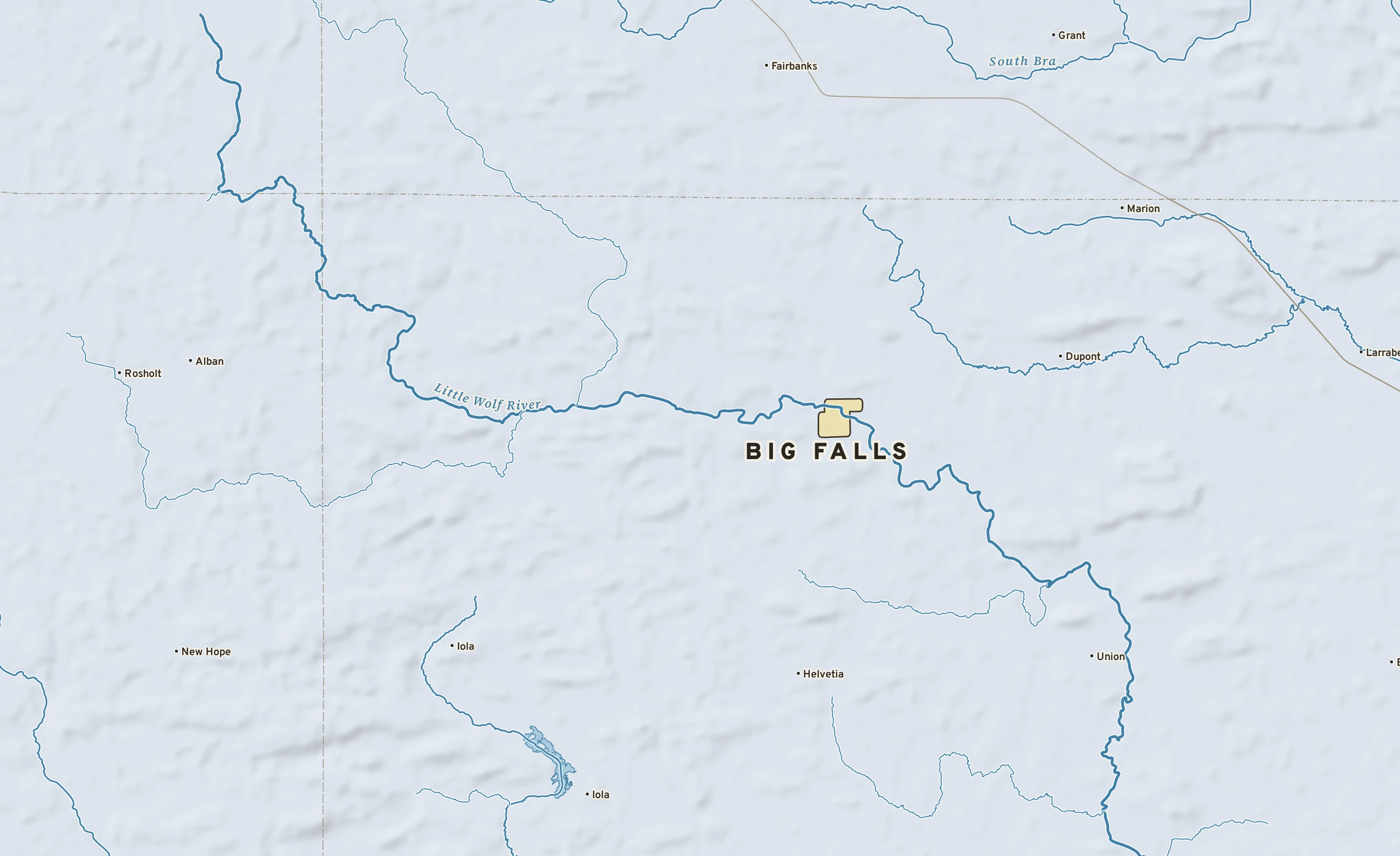 Shaded-relief atlas plate of Big Falls, Wisconsin: rivers, roads, the city limits and where the water drains.