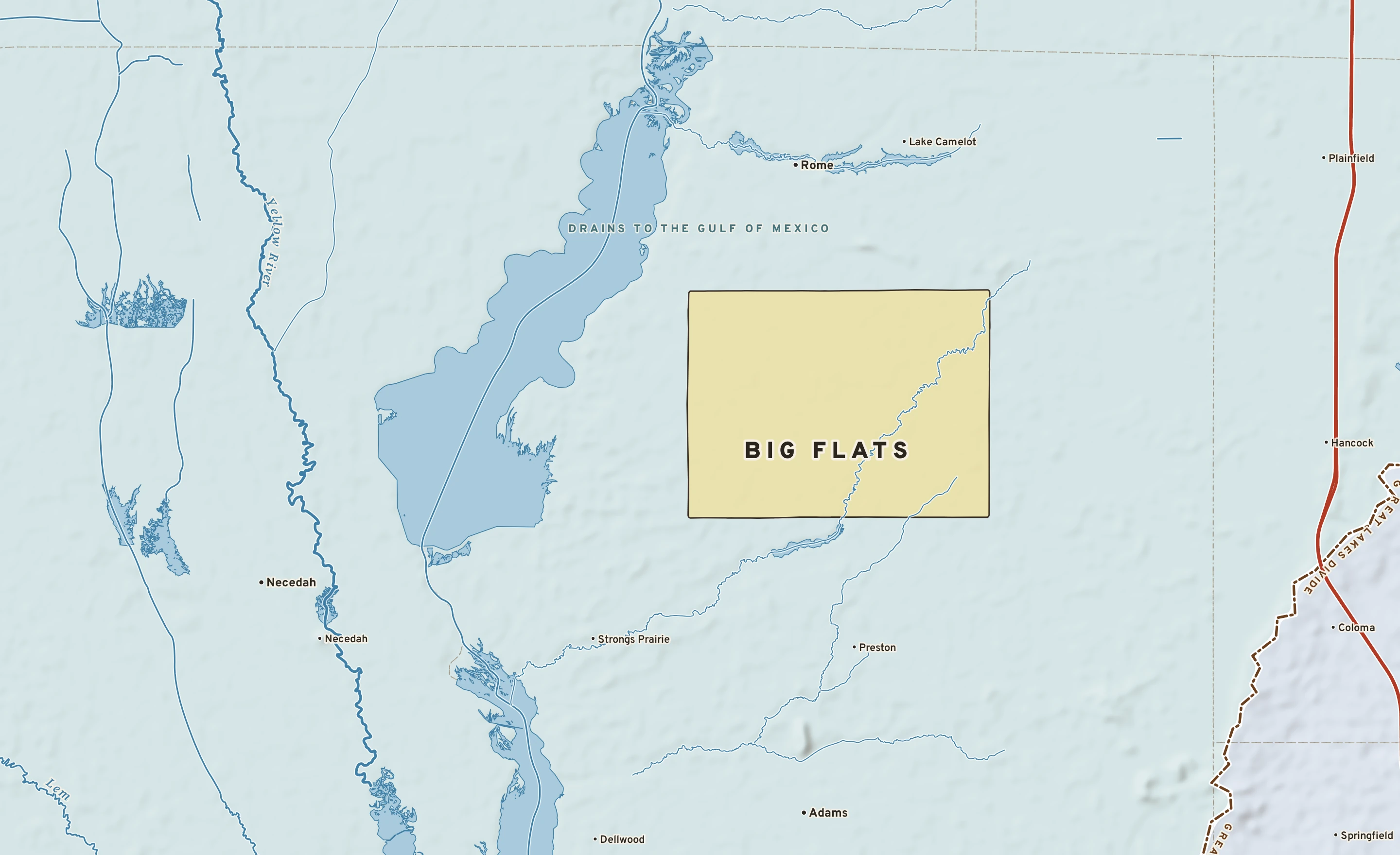 Shaded-relief atlas plate of Big Flats, Wisconsin: rivers, roads, the city limits and where the water drains.